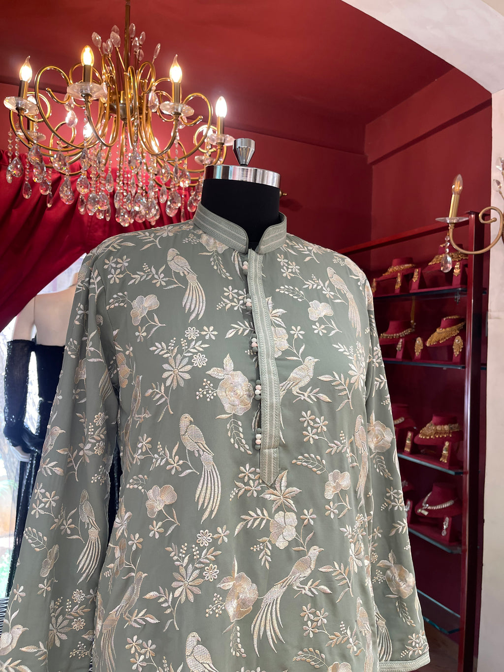 Mint Green Floral with Birds Kurta