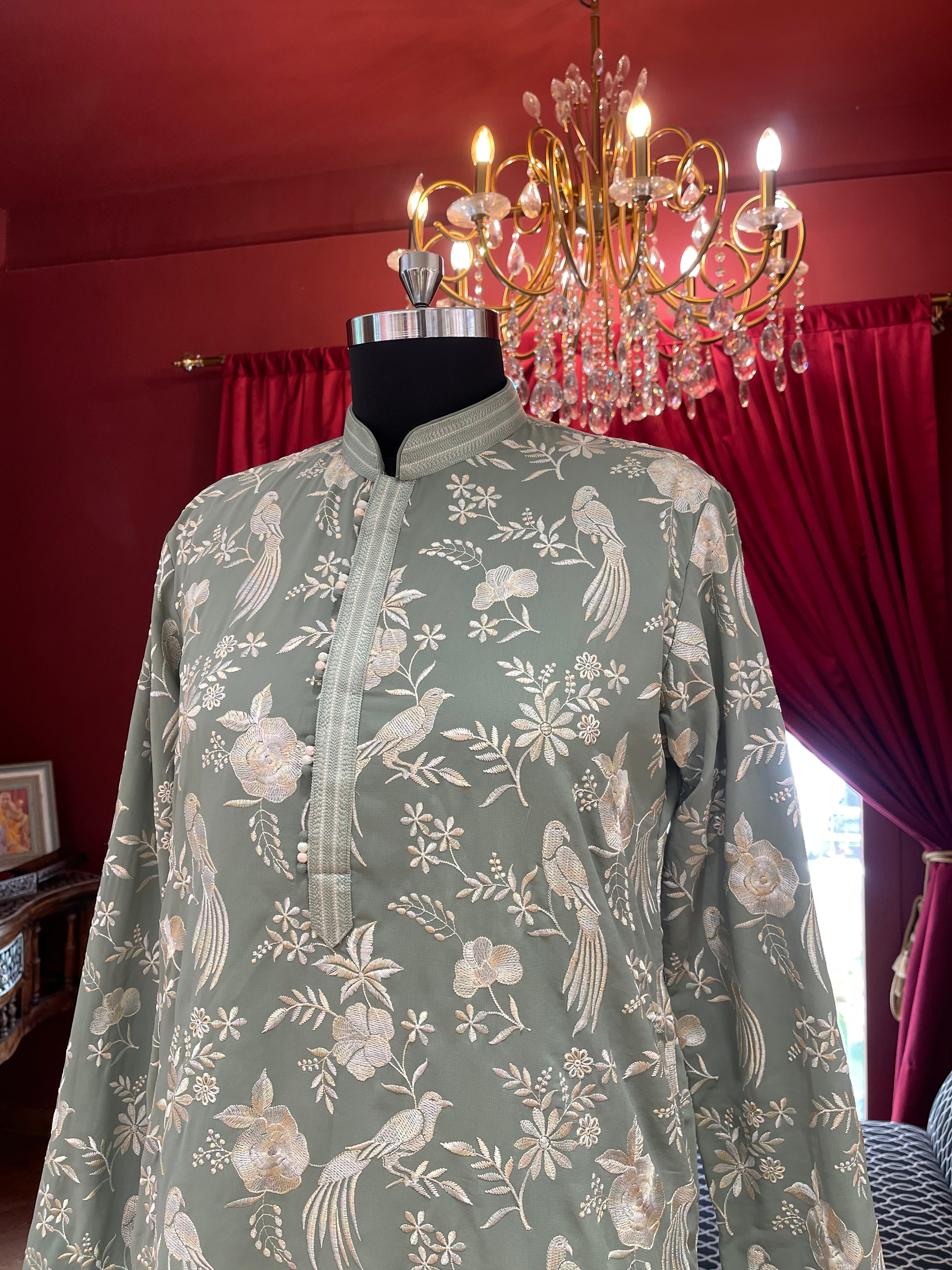 Mint Green Floral with Birds Kurta