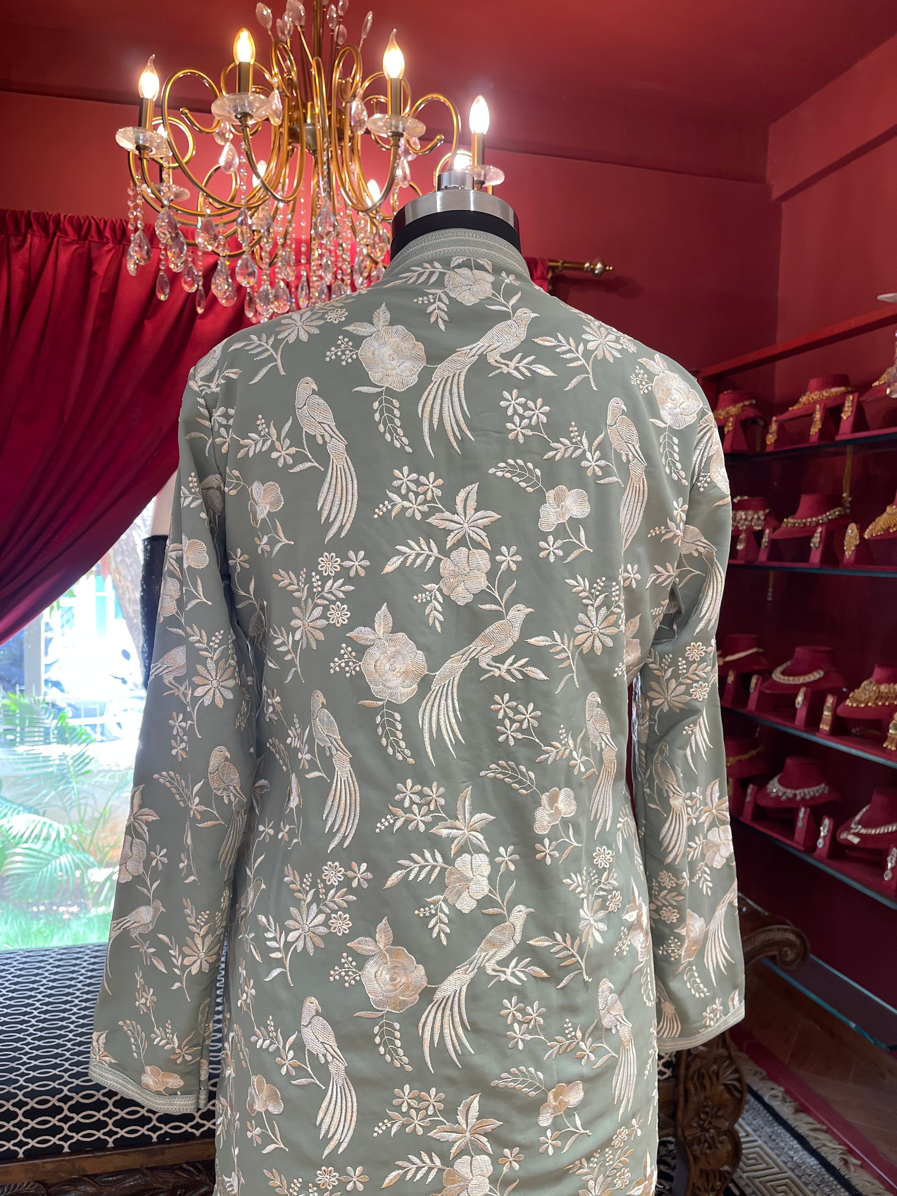 Mint Green Floral with Birds Kurta