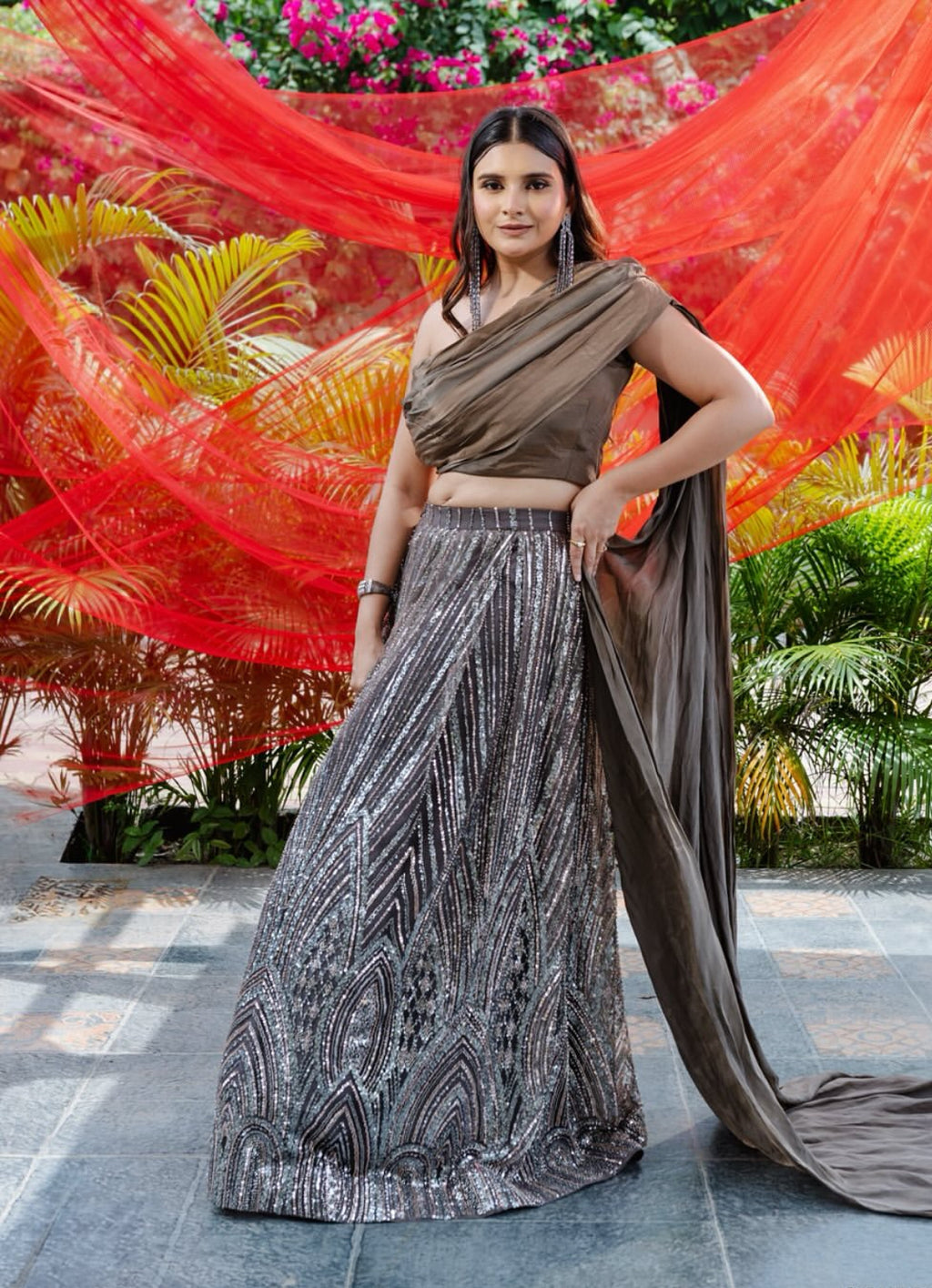 Mocha Drape One Shoulder Lahenga