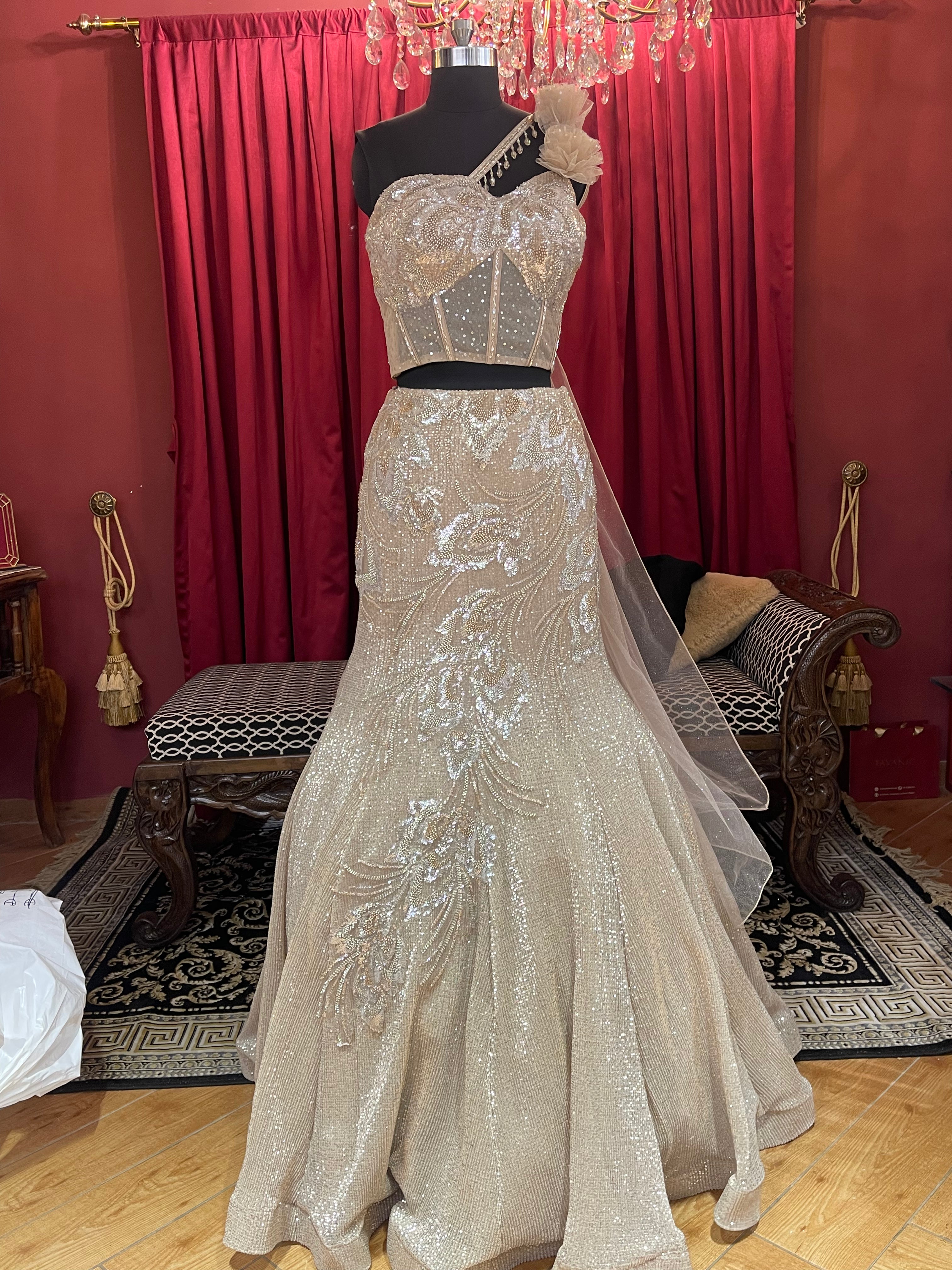 Champagne Crystal Corset One Shoulder Lehenga