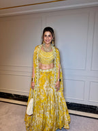 Yellow Printed shrug with Pearl embroidered shrug style lahenga