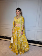 Yellow Printed shrug with Pearl embroidered shrug style lahenga