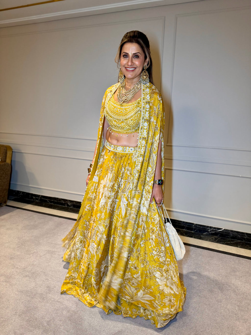 Yellow Printed shrug with Pearl embroidered shrug style lahenga