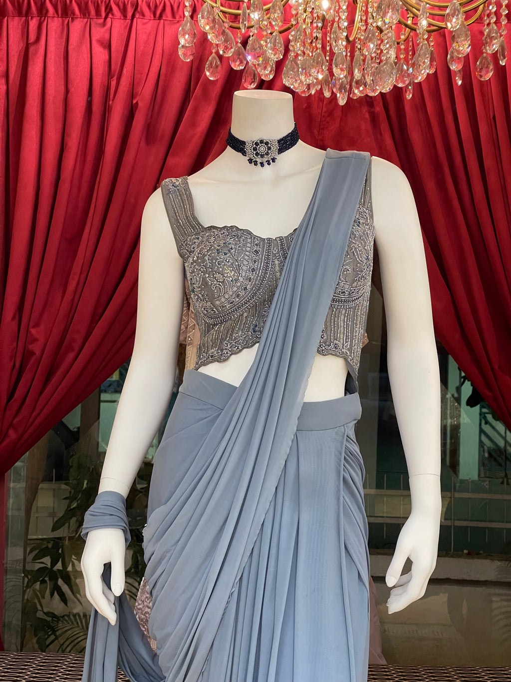 Powder Blue Pre Pleated Saree with Handwork Corset Blouse