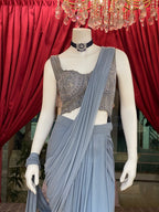 Powder Blue Pre Pleated Saree with Handwork Corset Blouse