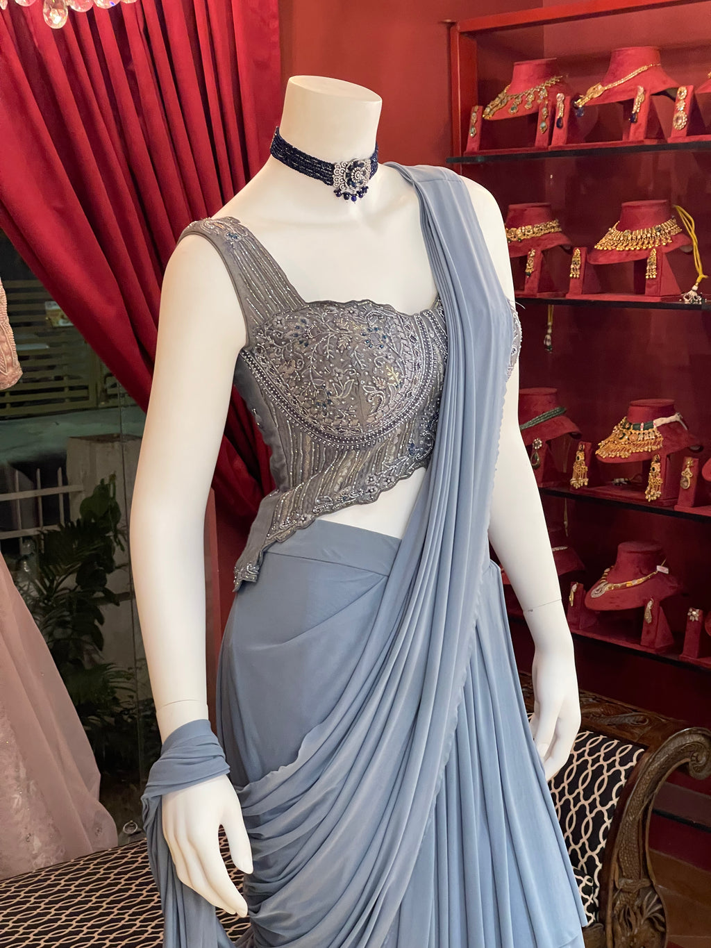 Powder Blue Pre Pleated Saree with Handwork Corset Blouse