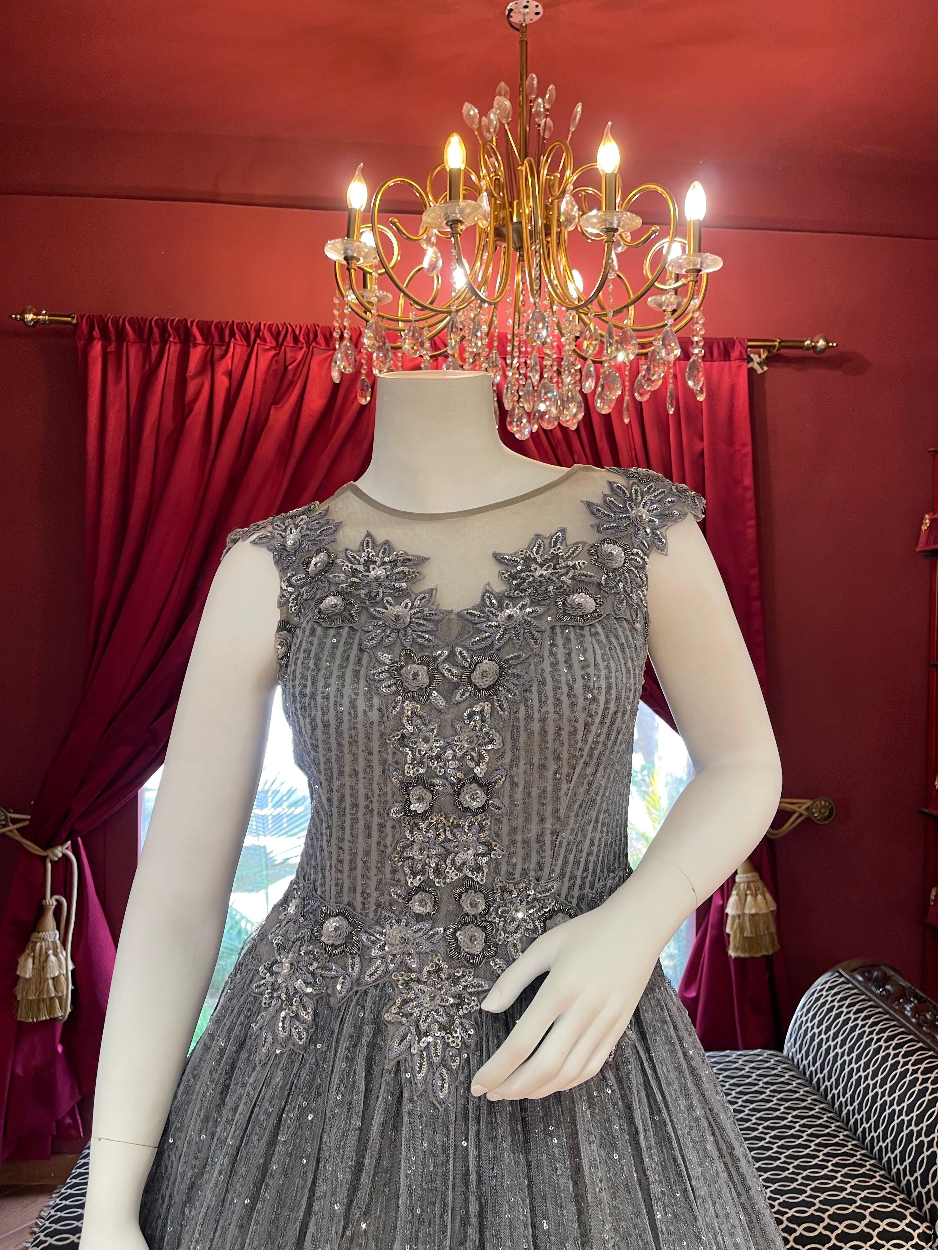 Grey BallGown With Feathers
