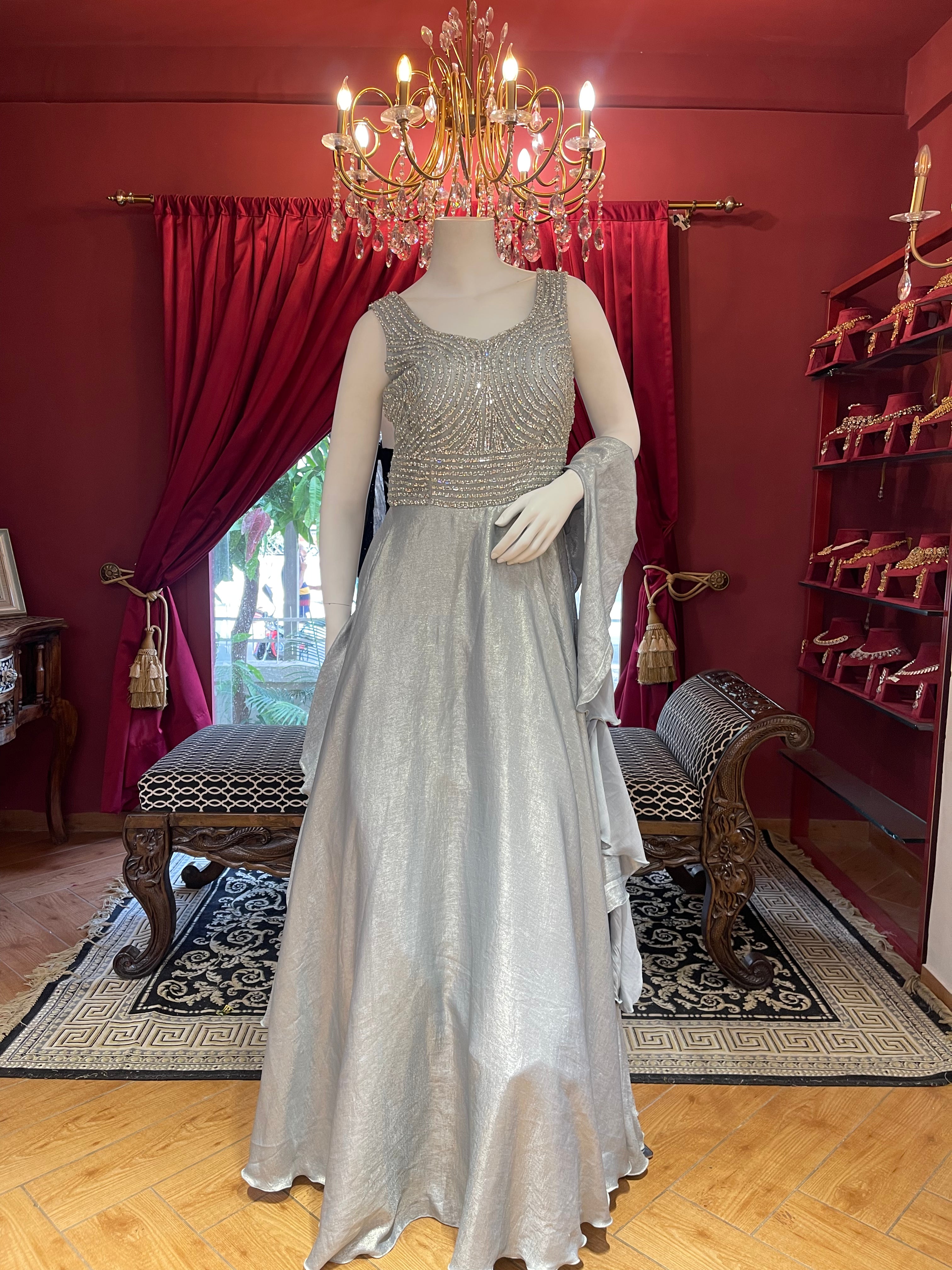 Blue Satin Plain Flare Gown