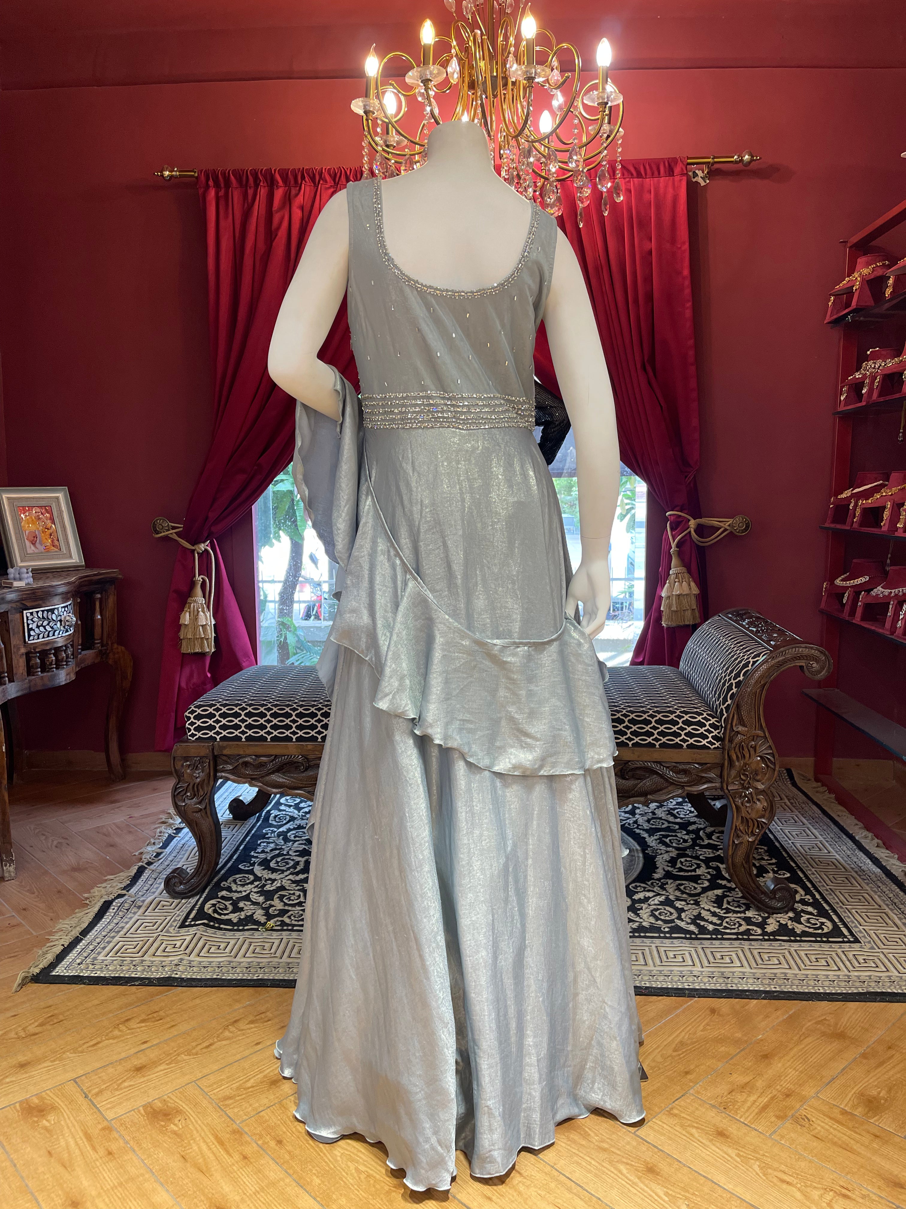 Blue Satin Plain Flare Gown