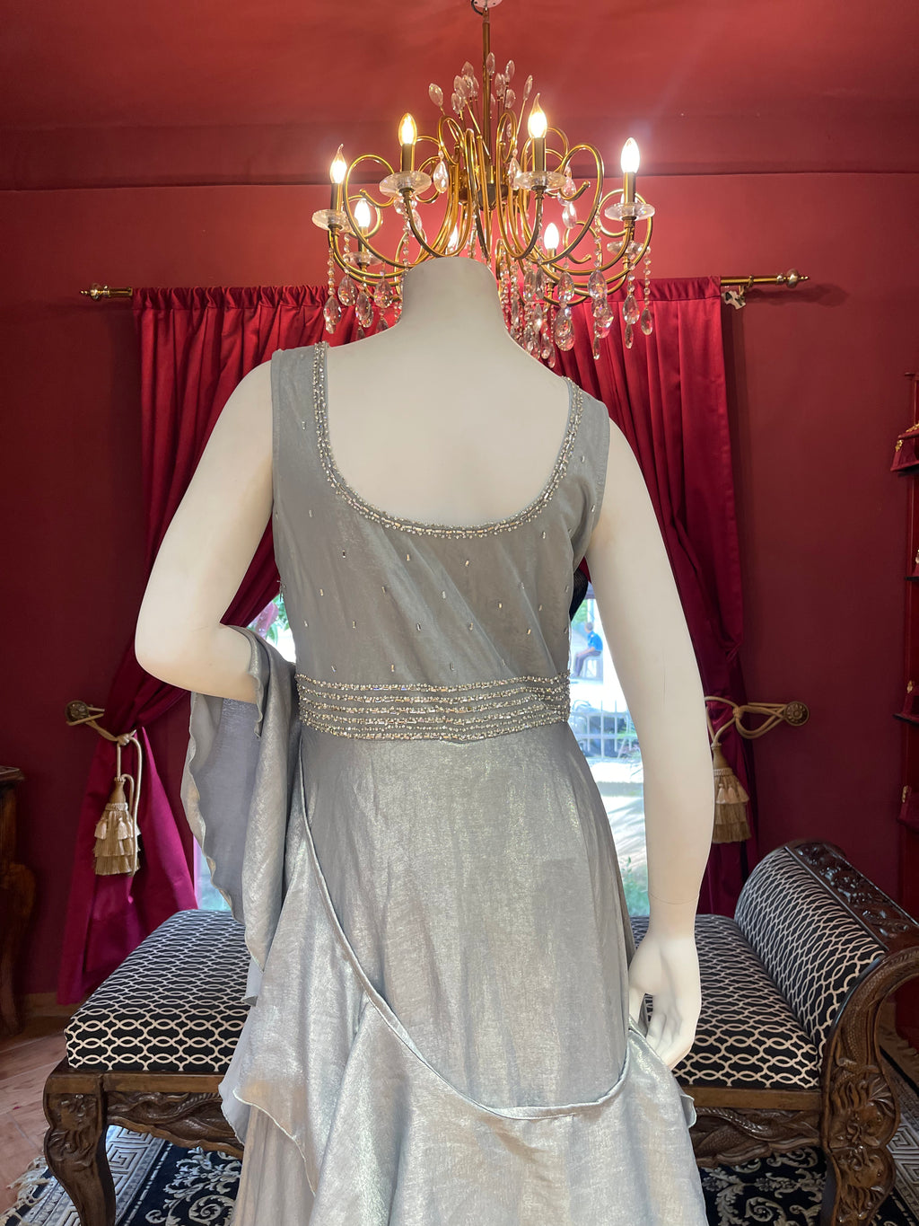 Blue Satin Plain Flare Gown