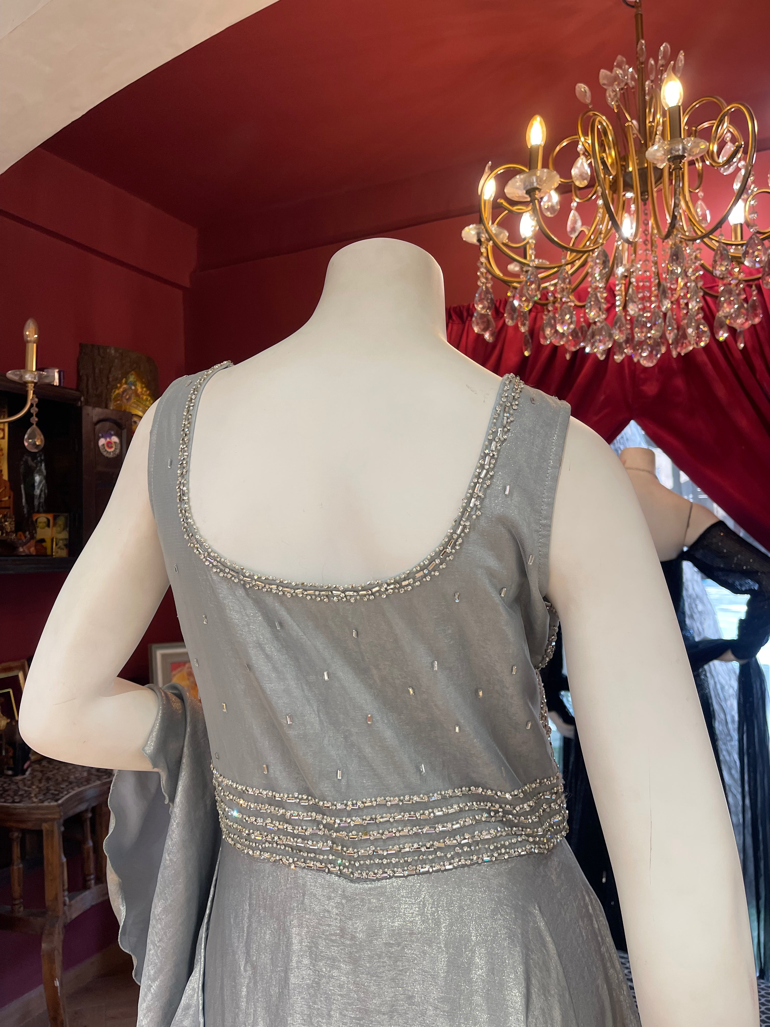 Blue Satin Plain Flare Gown