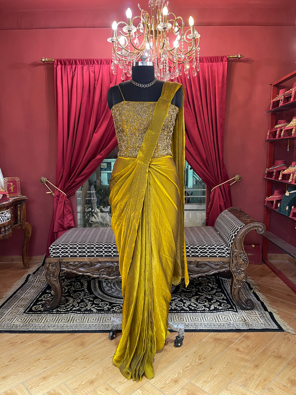 Gold Drape Saree with Beadwork Blouse X Riddhi