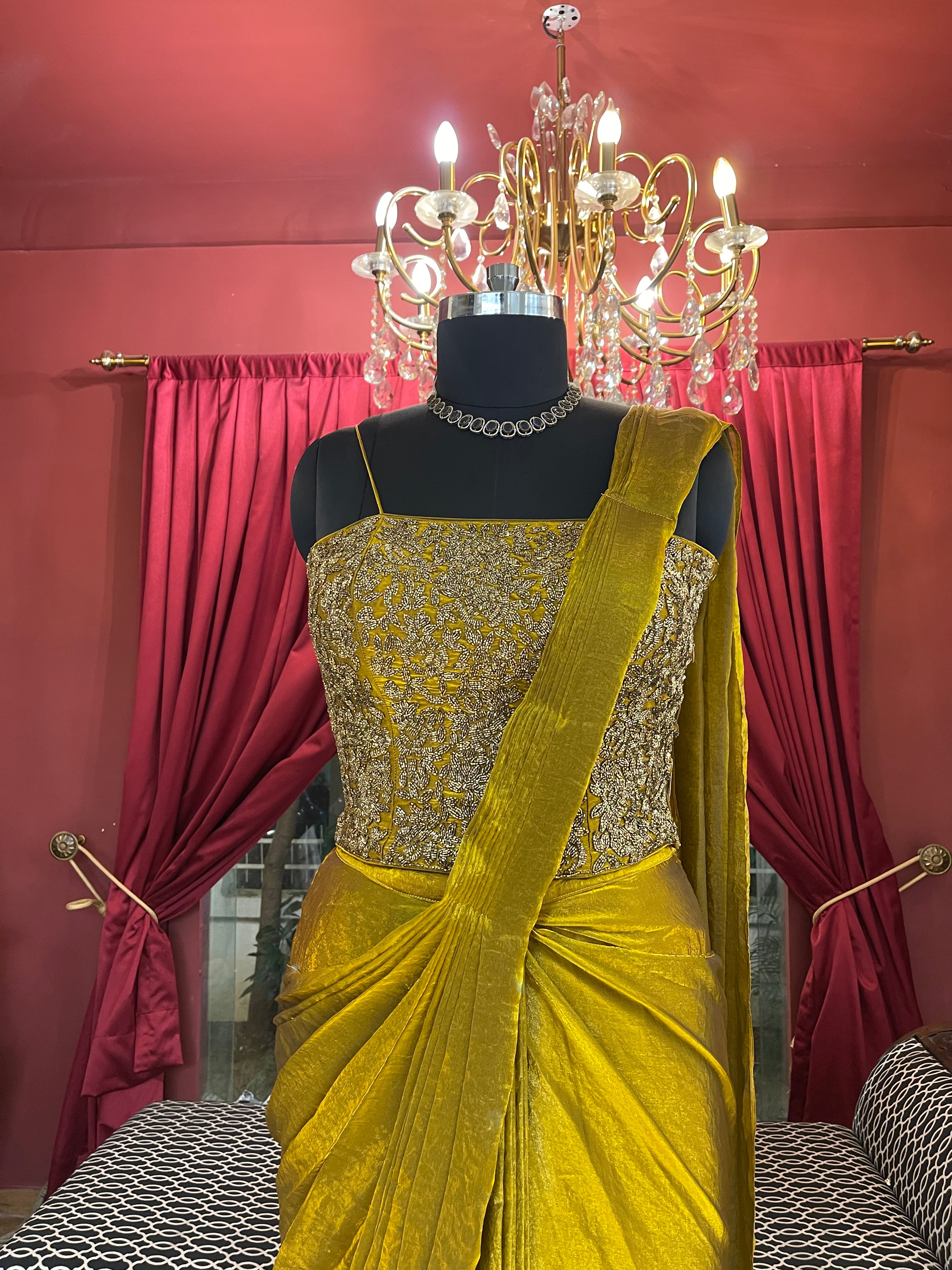 Gold Drape Saree with Beadwork Blouse X Riddhi