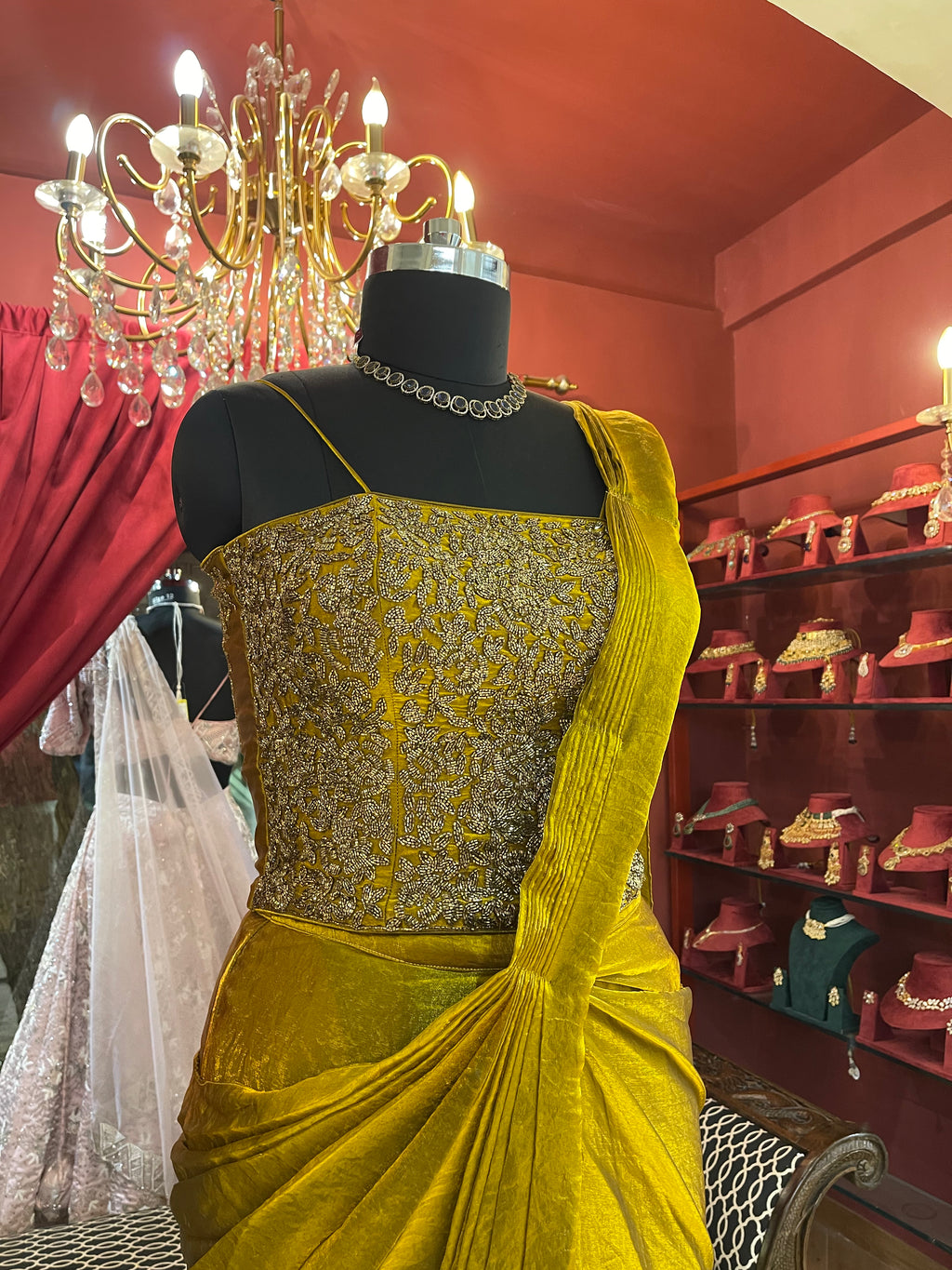Gold Drape Saree with Beadwork Blouse X Riddhi