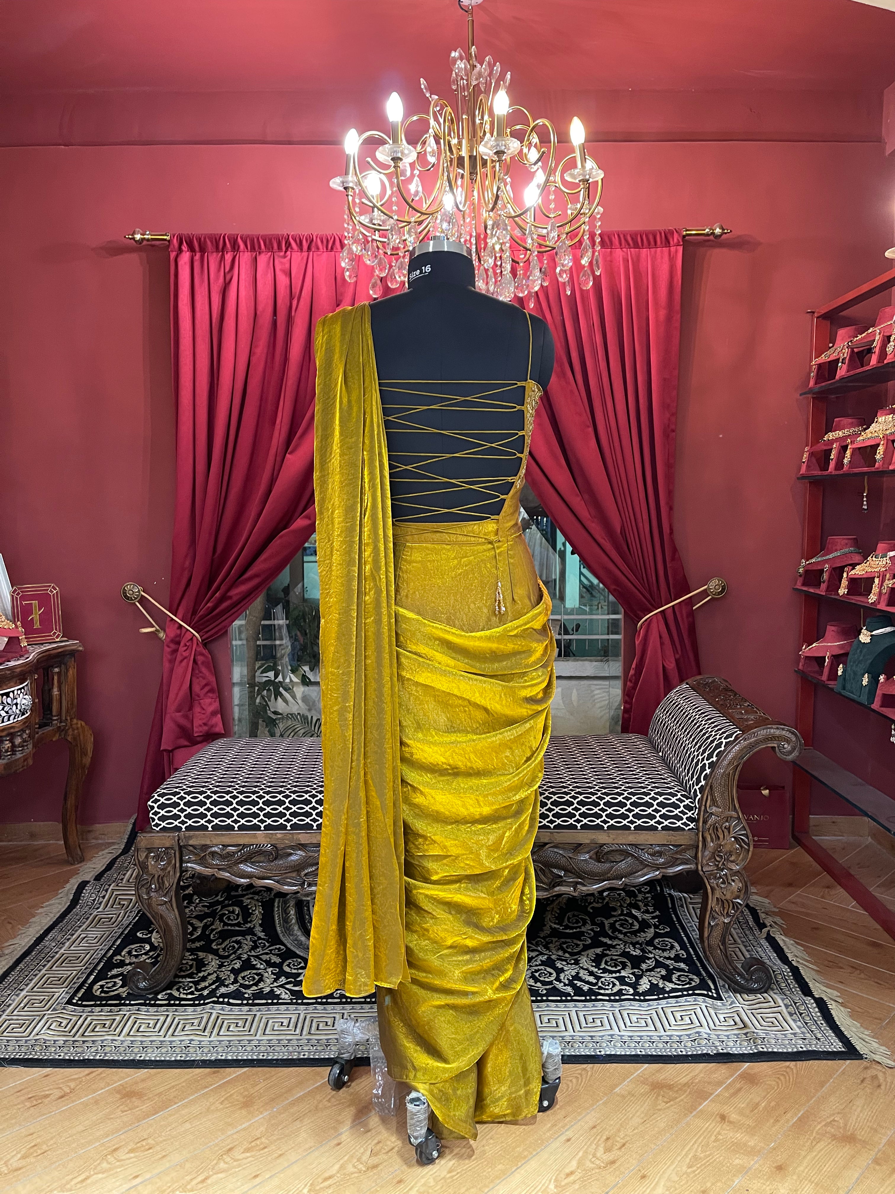 Gold Drape Saree with Beadwork Blouse X Riddhi