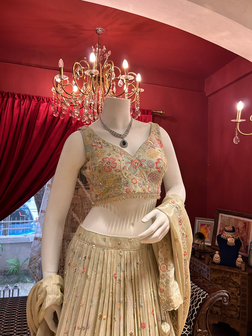 Ivory Organza Lehenga With Multi Floral Work