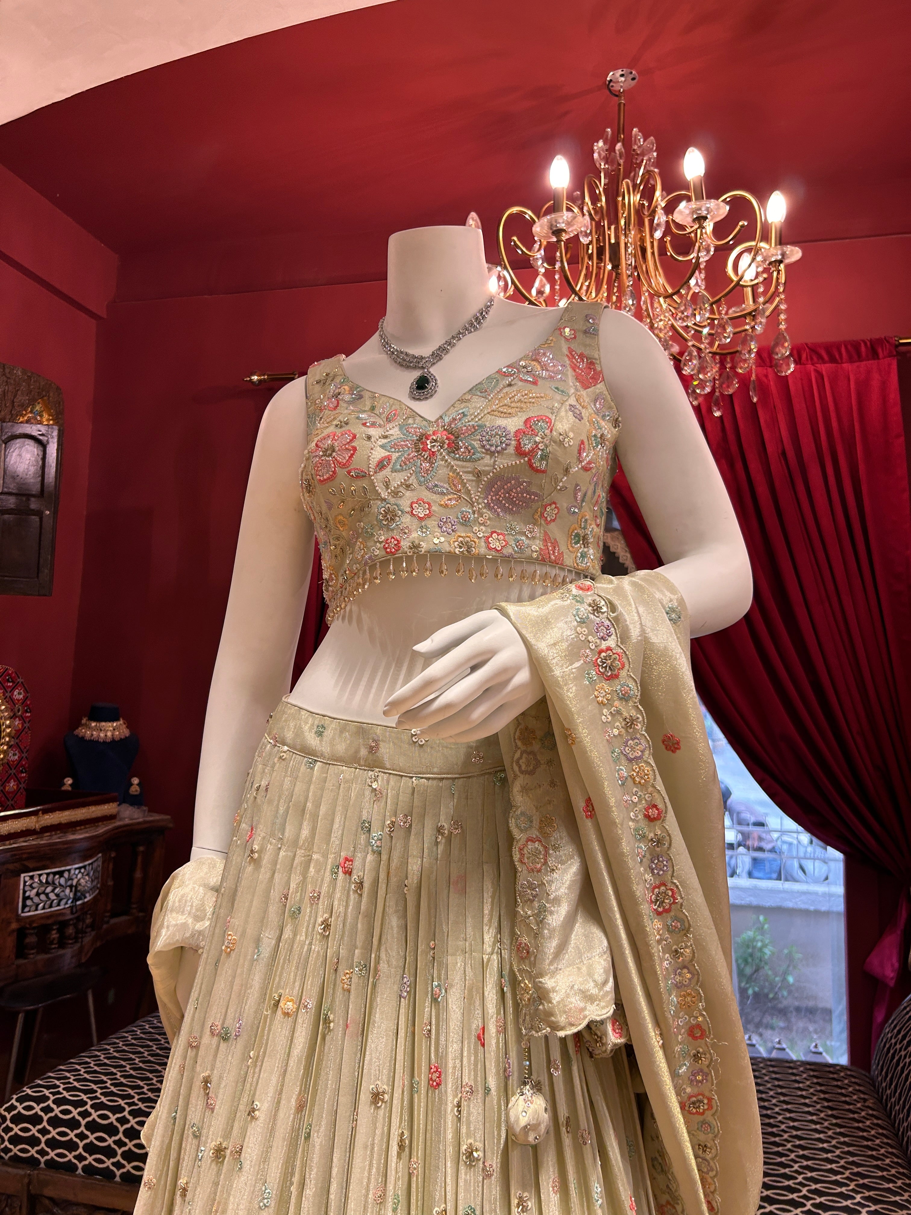 Ivory Organza Lehenga With Multi Floral Work