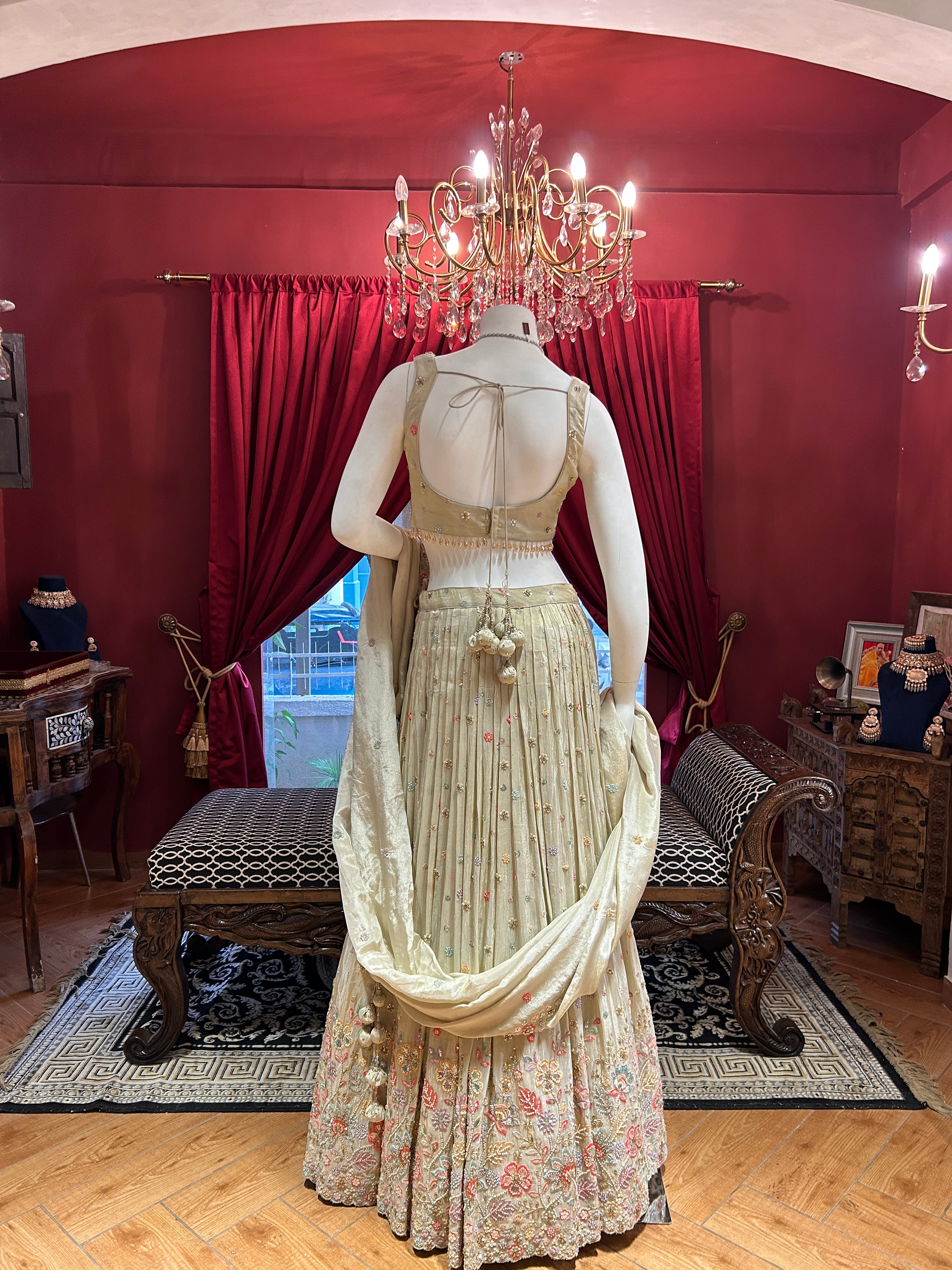 Ivory Organza Lehenga With Multi Floral Work