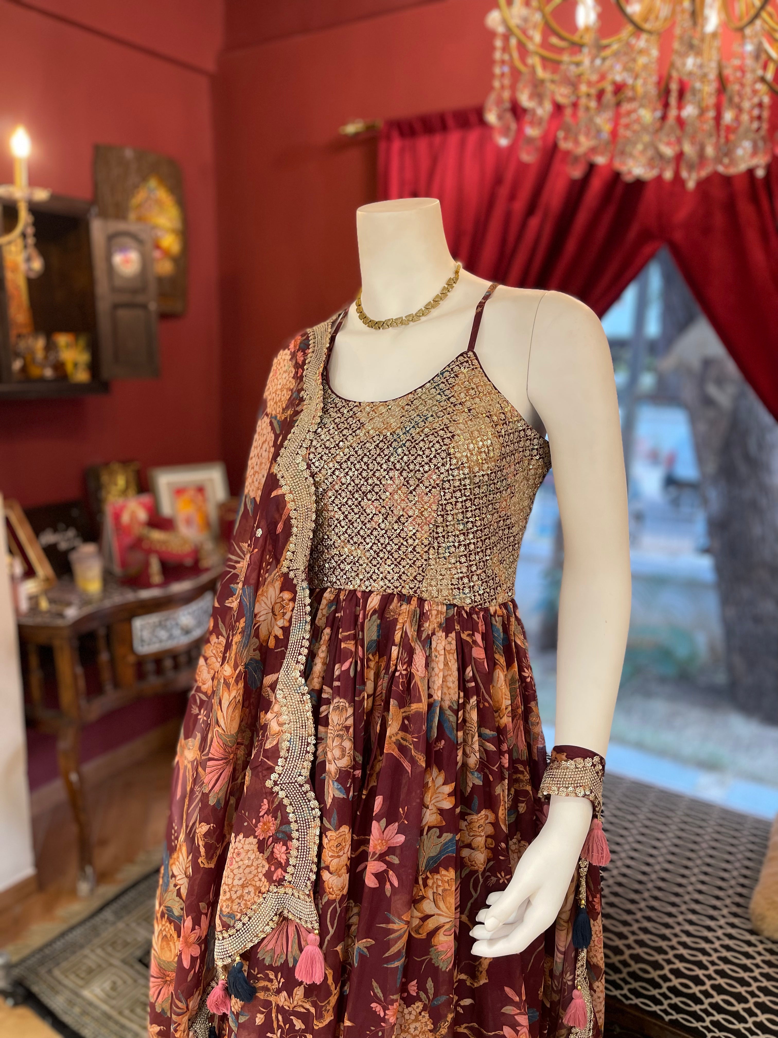 Wine Floral Embroidered Anarkali Set