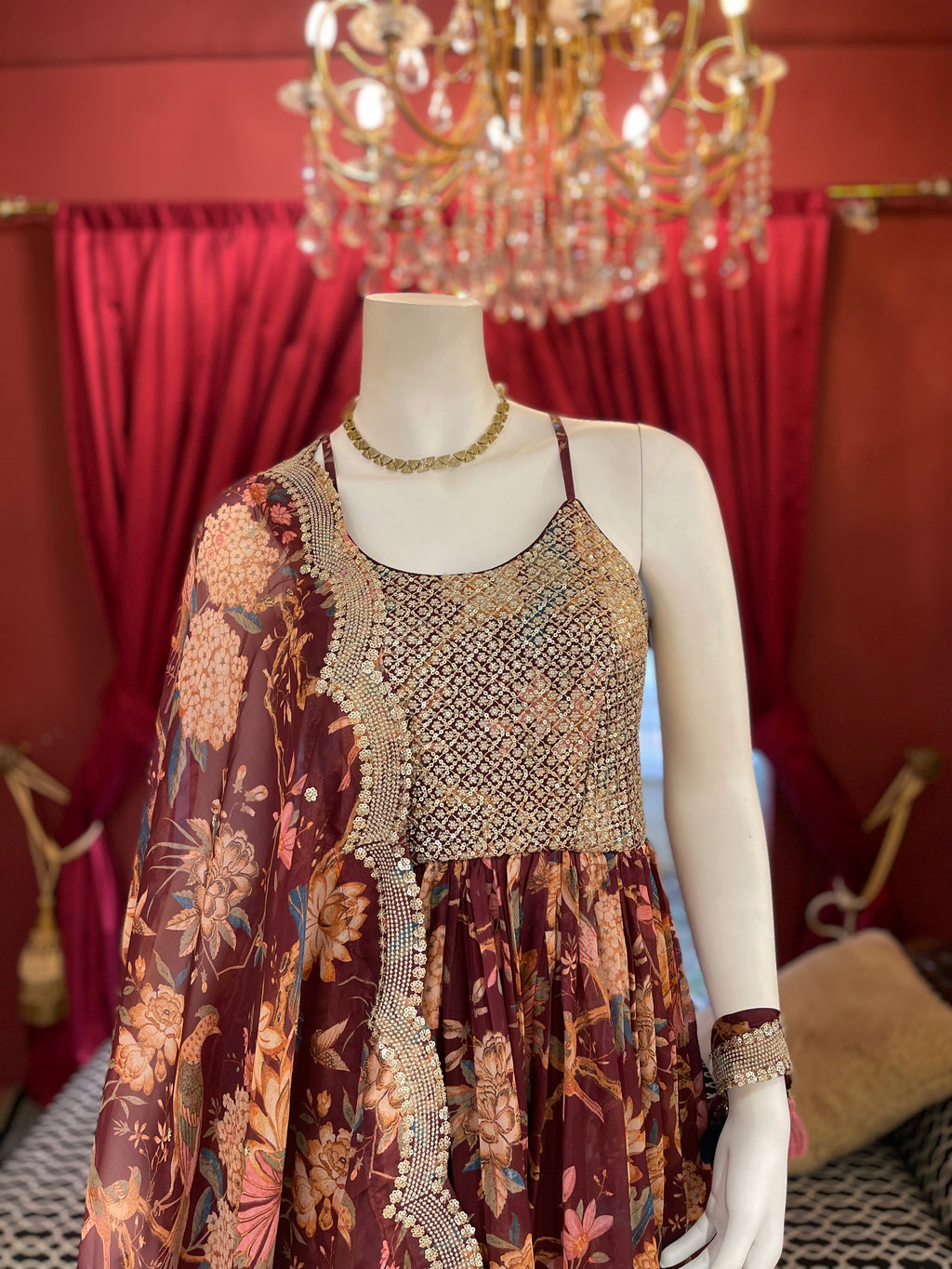 Wine Floral Embroidered Anarkali Set