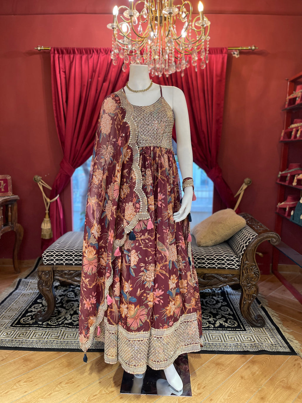 Wine Floral Embroidered Anarkali Set