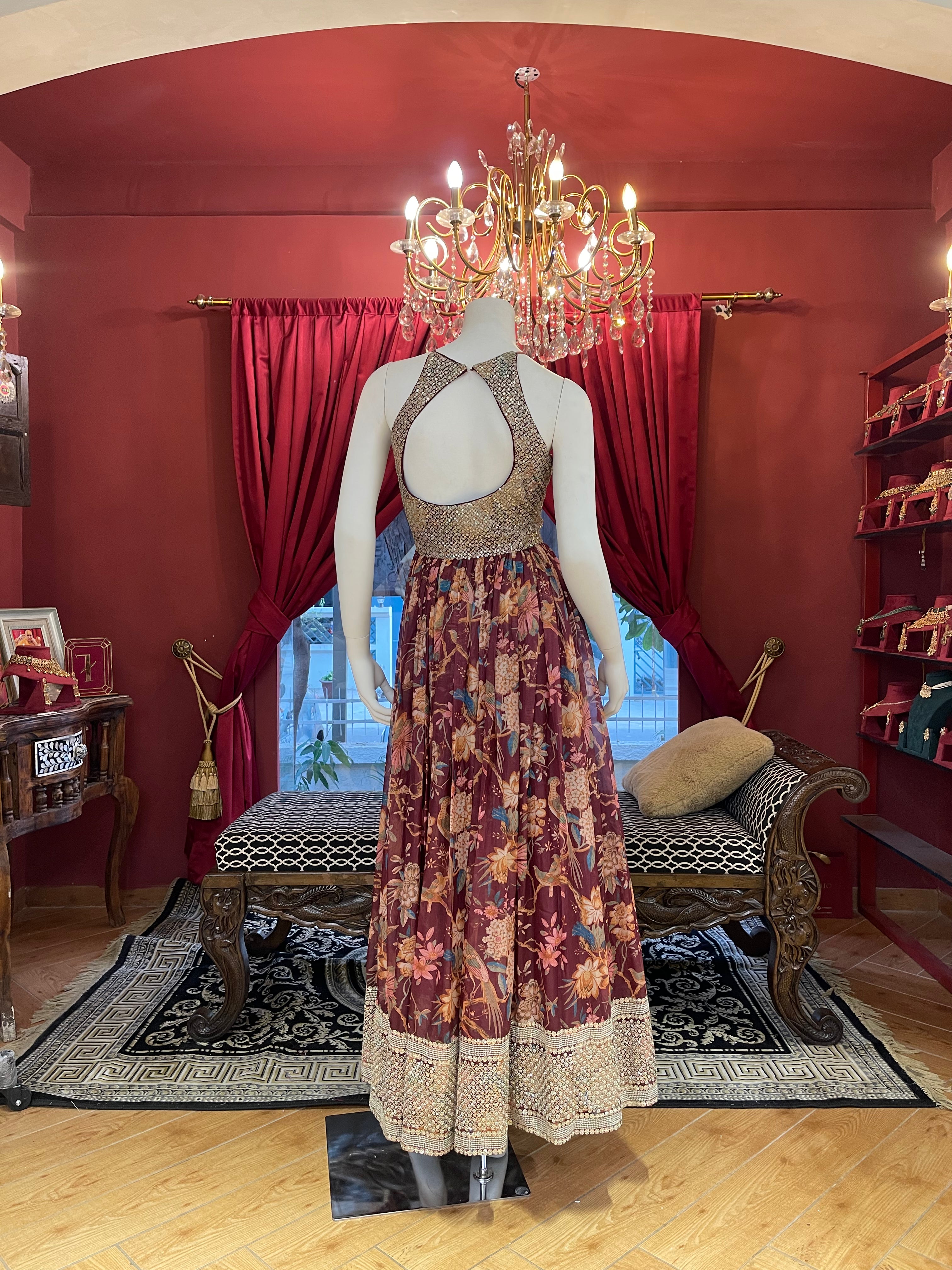 Wine Floral Embroidered Anarkali Set