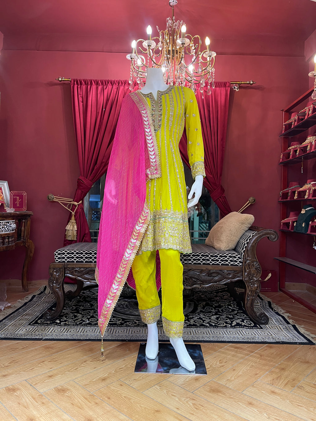 Yellow Festive Kurta set with Pink Dupatta X Orepiya