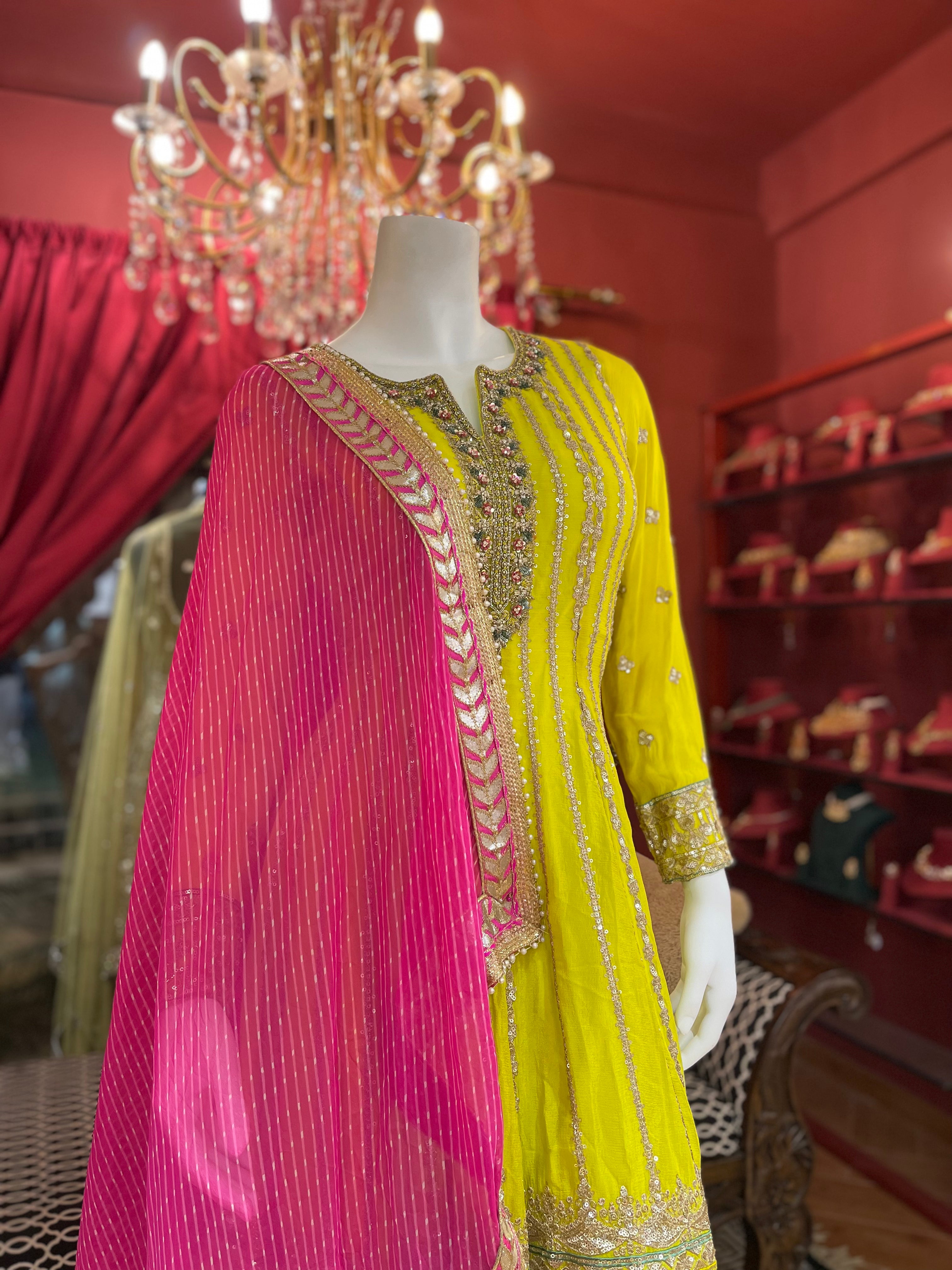 Yellow Festive Kurta set with Pink Dupatta X Orepiya
