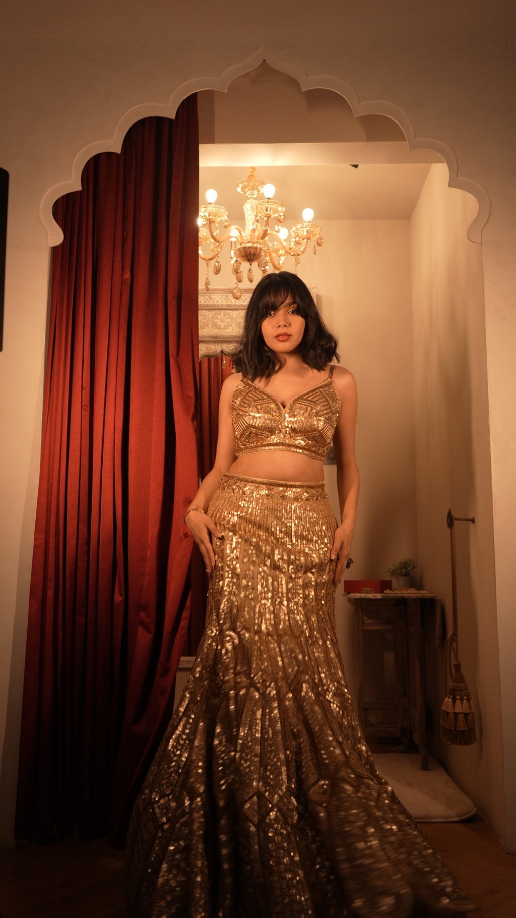 Golden Aura Fishcut Lehenga With Shimmering Sleeveless  Blouse