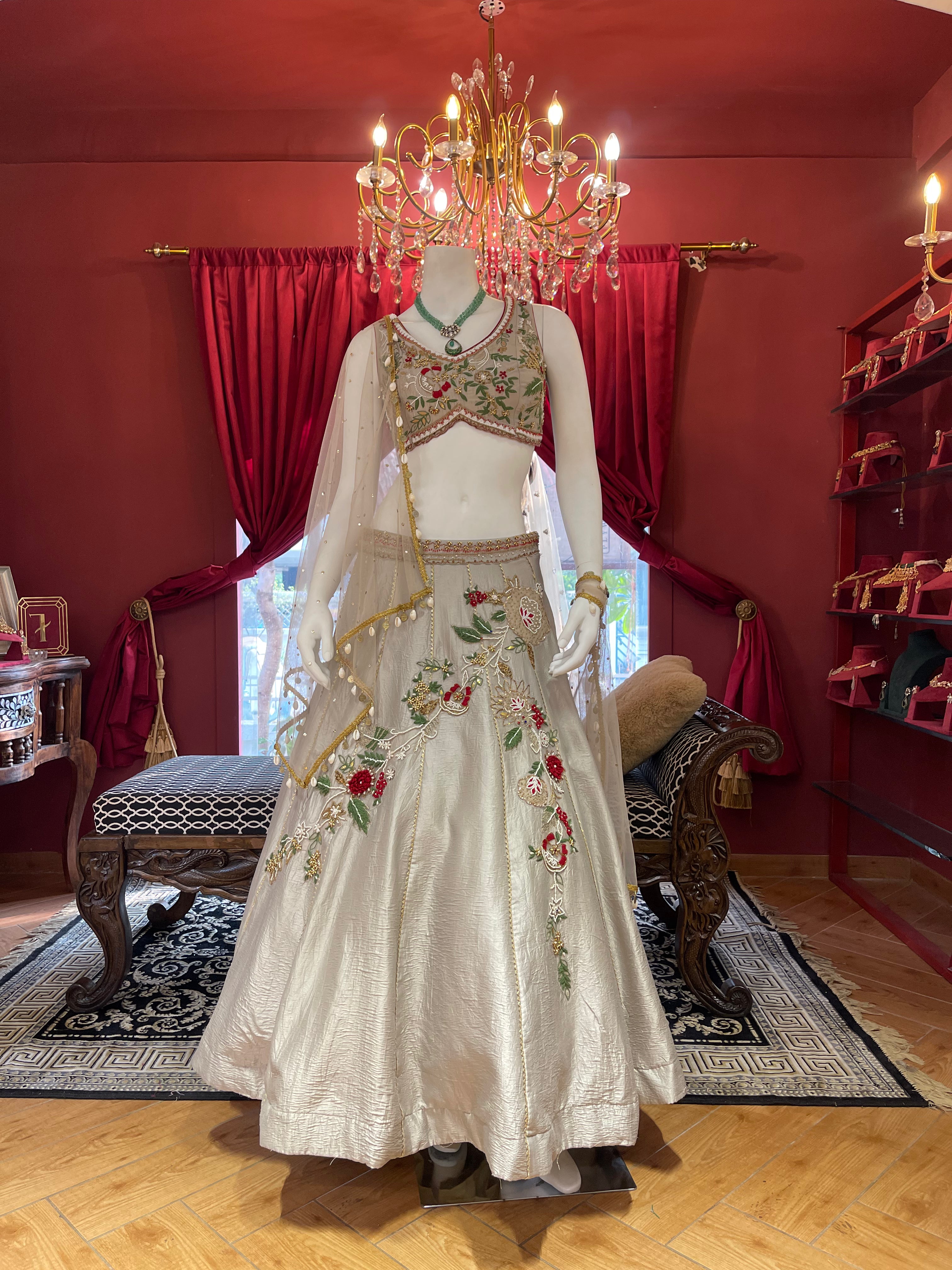 Grey Hand Embroidered Blouse and Lehenga with 3D motifs