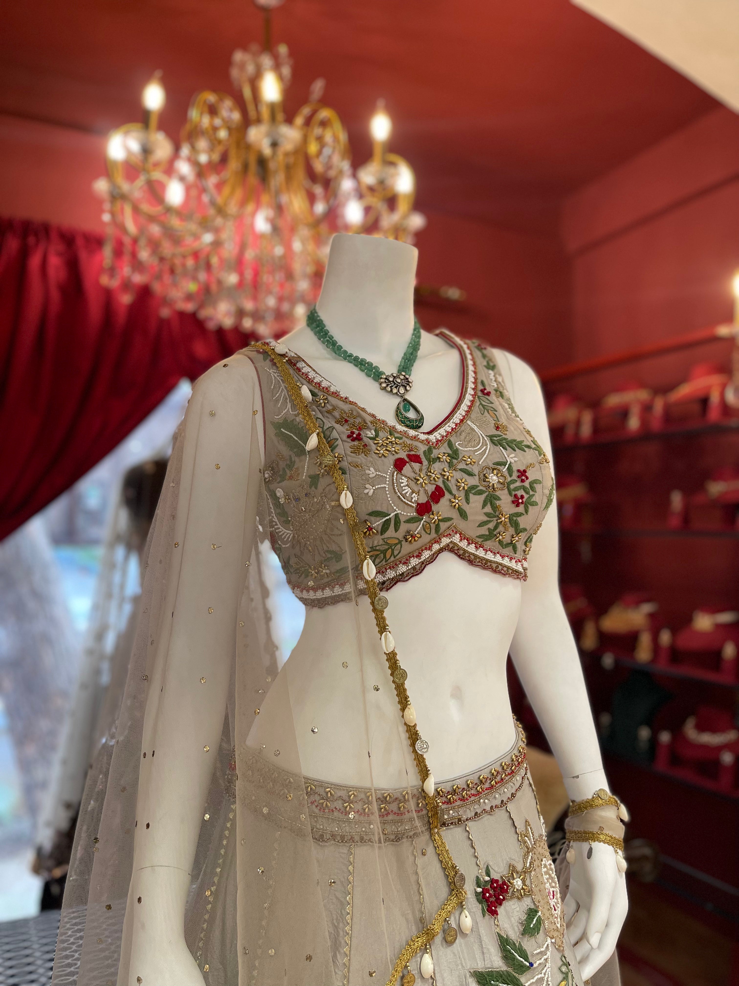 Grey Hand Embroidered Blouse and Lehenga with 3D motifs