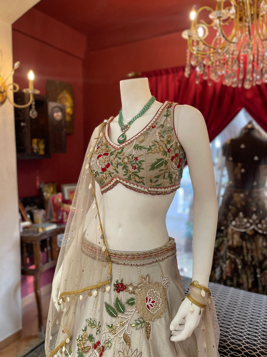 Grey Hand Embroidered Blouse and Lehenga with 3D motifs