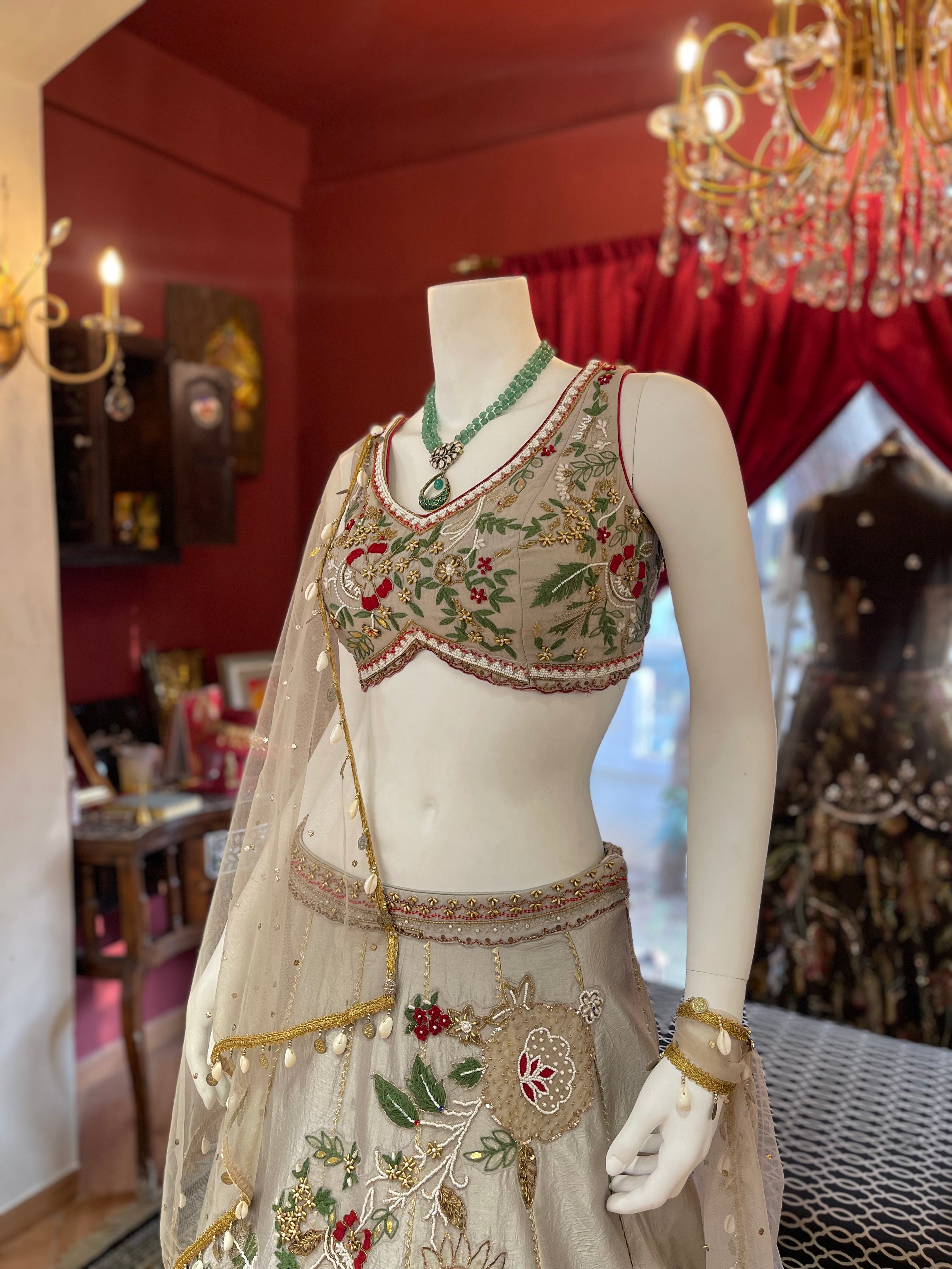 Grey Hand Embroidered Blouse and Lehenga with 3D motifs
