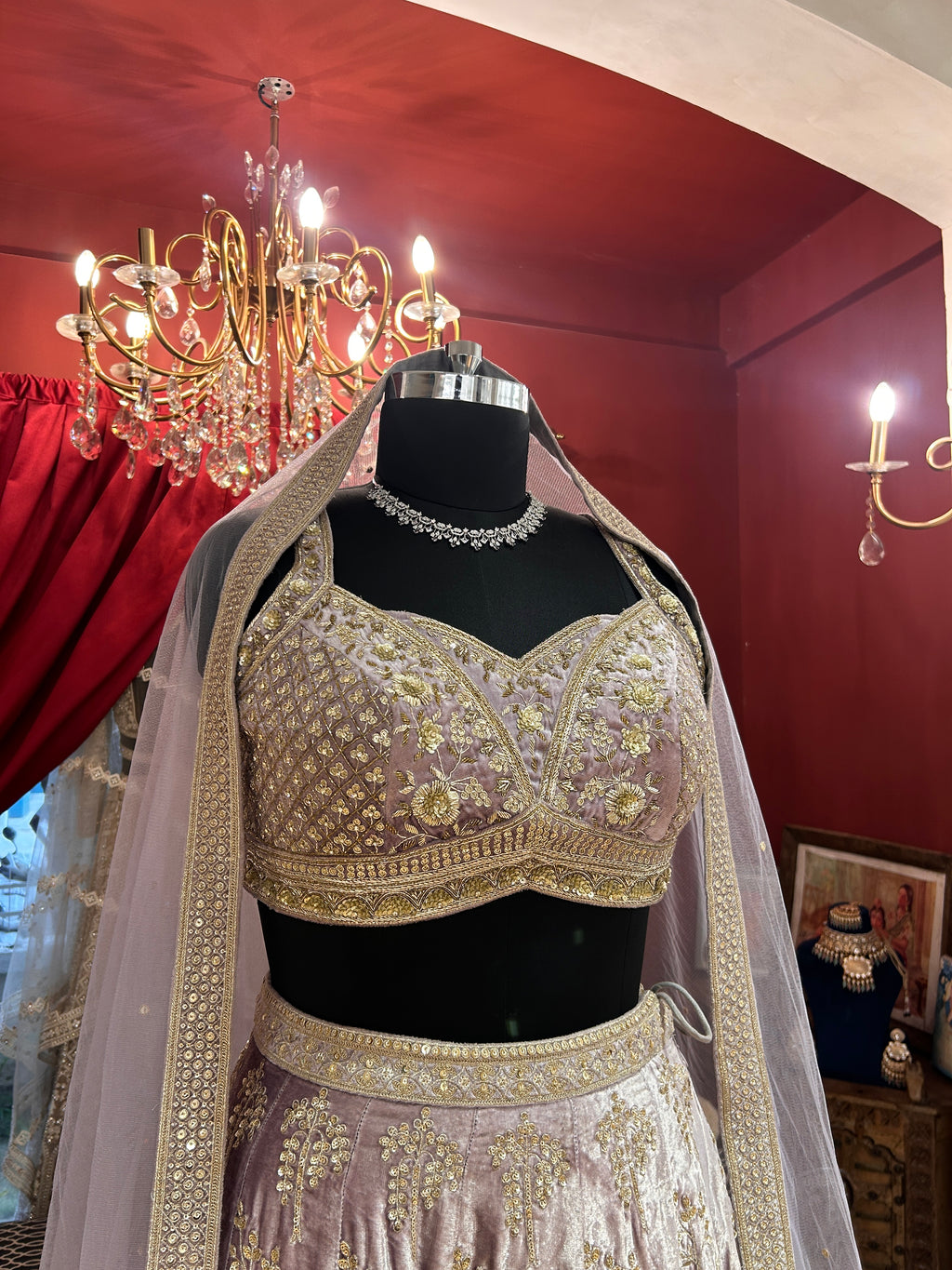 Velvet Lavender Zardosi Handwork Lehenga