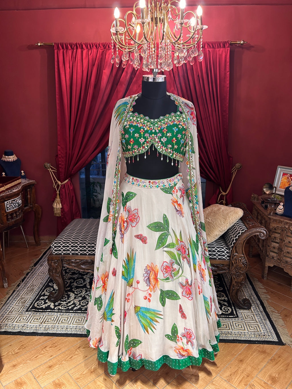 Tropical Bloom Printed Lehenga with Hand-Embroidered Cape Blouse