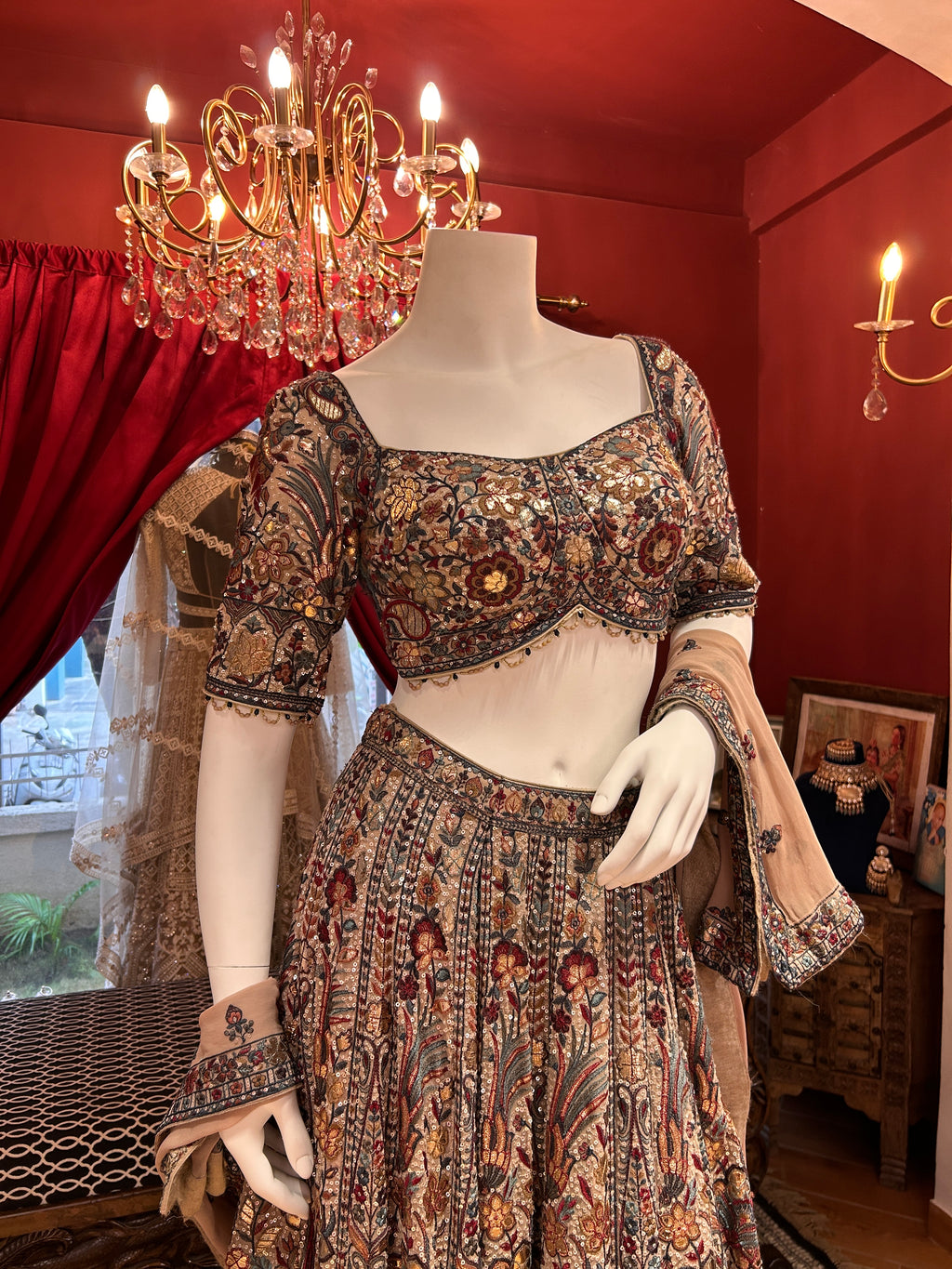 Brown Foil Thread Work Lehenga