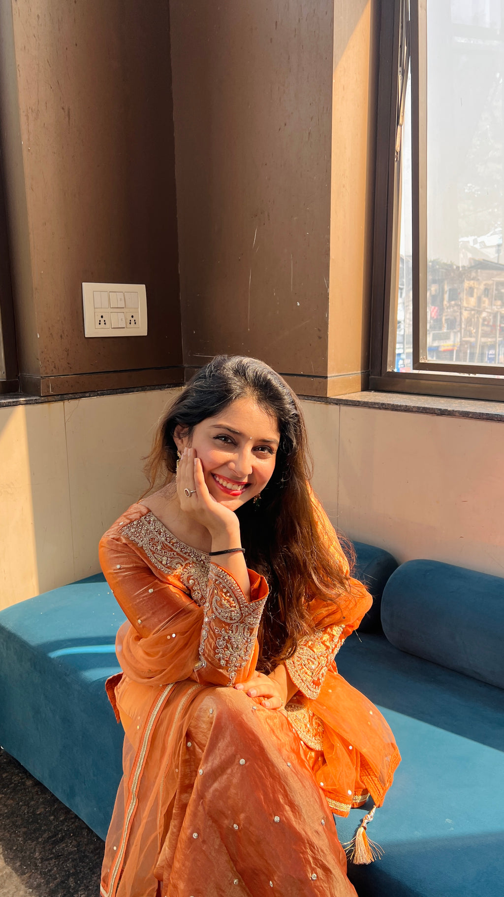 Rust Golden Embroidered Kurta Set X Orepiya