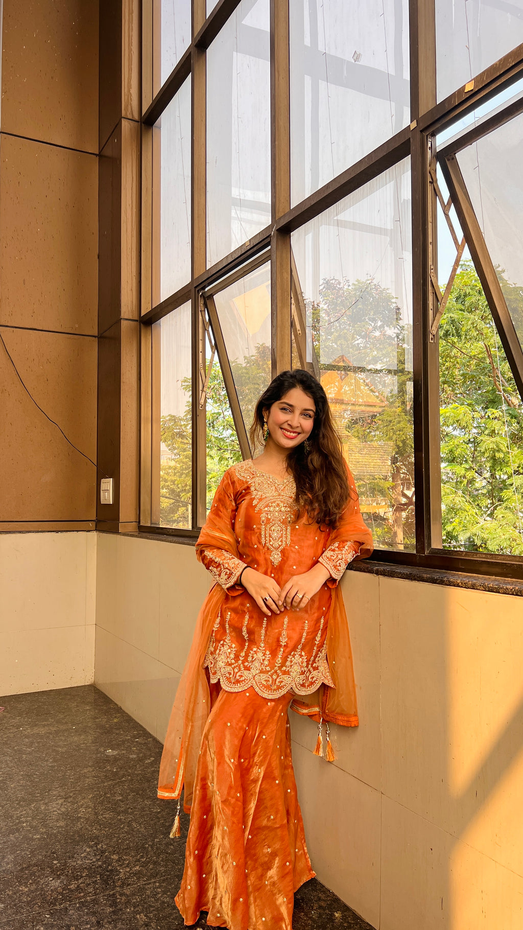 Rust Golden Embroidered Kurta Set X Orepiya