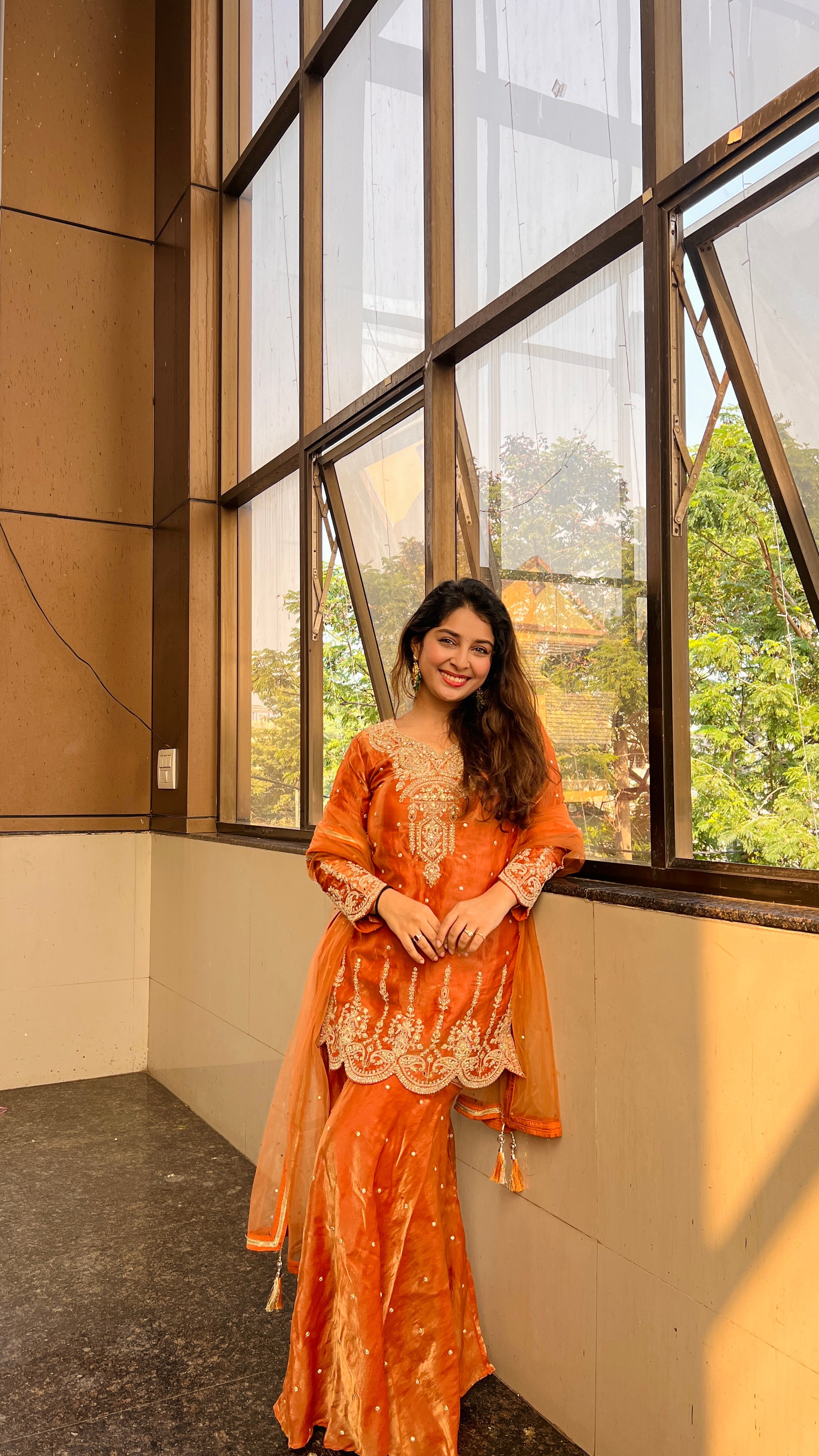 Rust Golden Embroidered Kurta Set X Orepiya