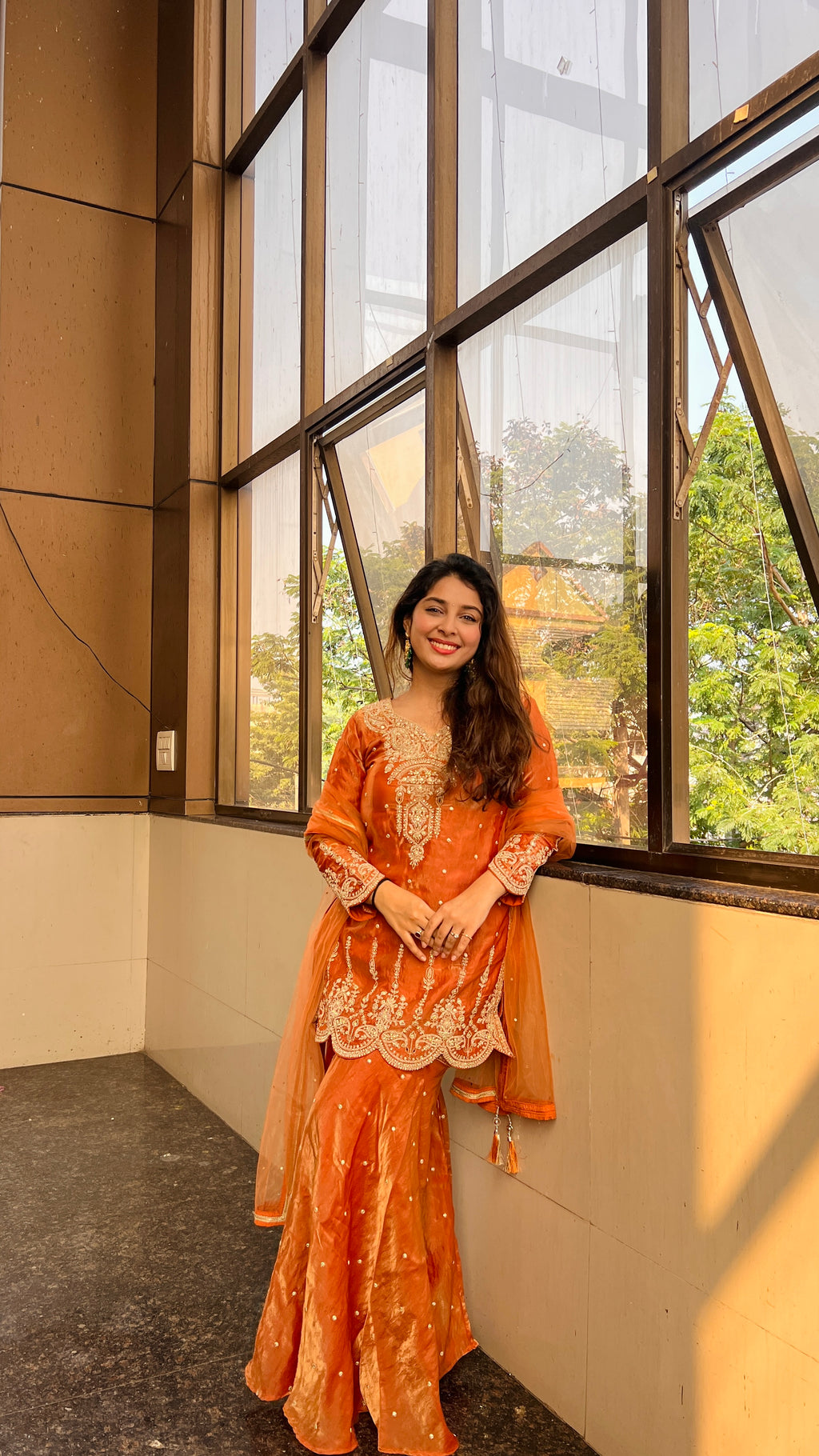 Rust Golden Embroidered Kurta Set X Orepiya