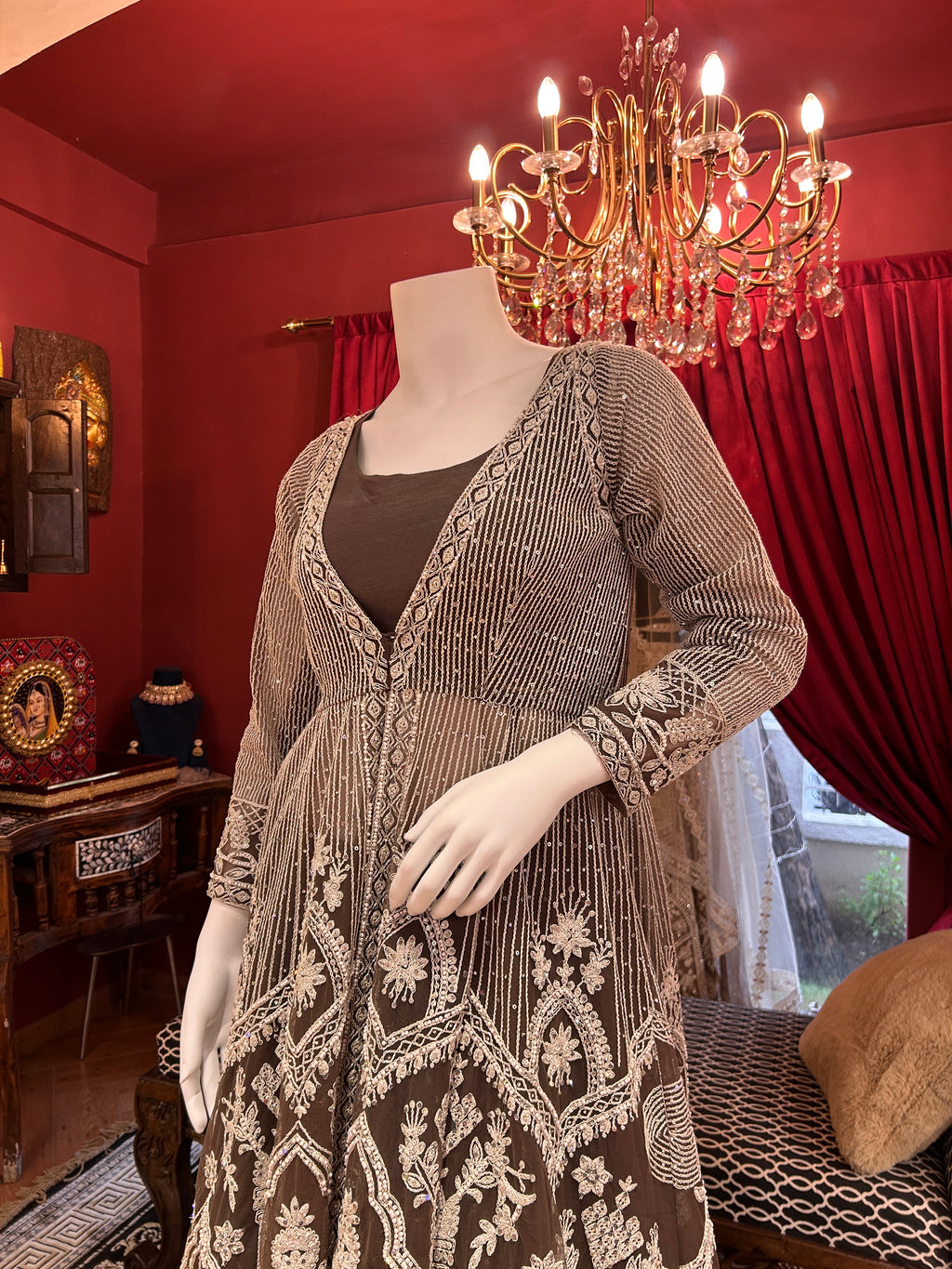 Embellished Silk & Net Pearl Jacket Set