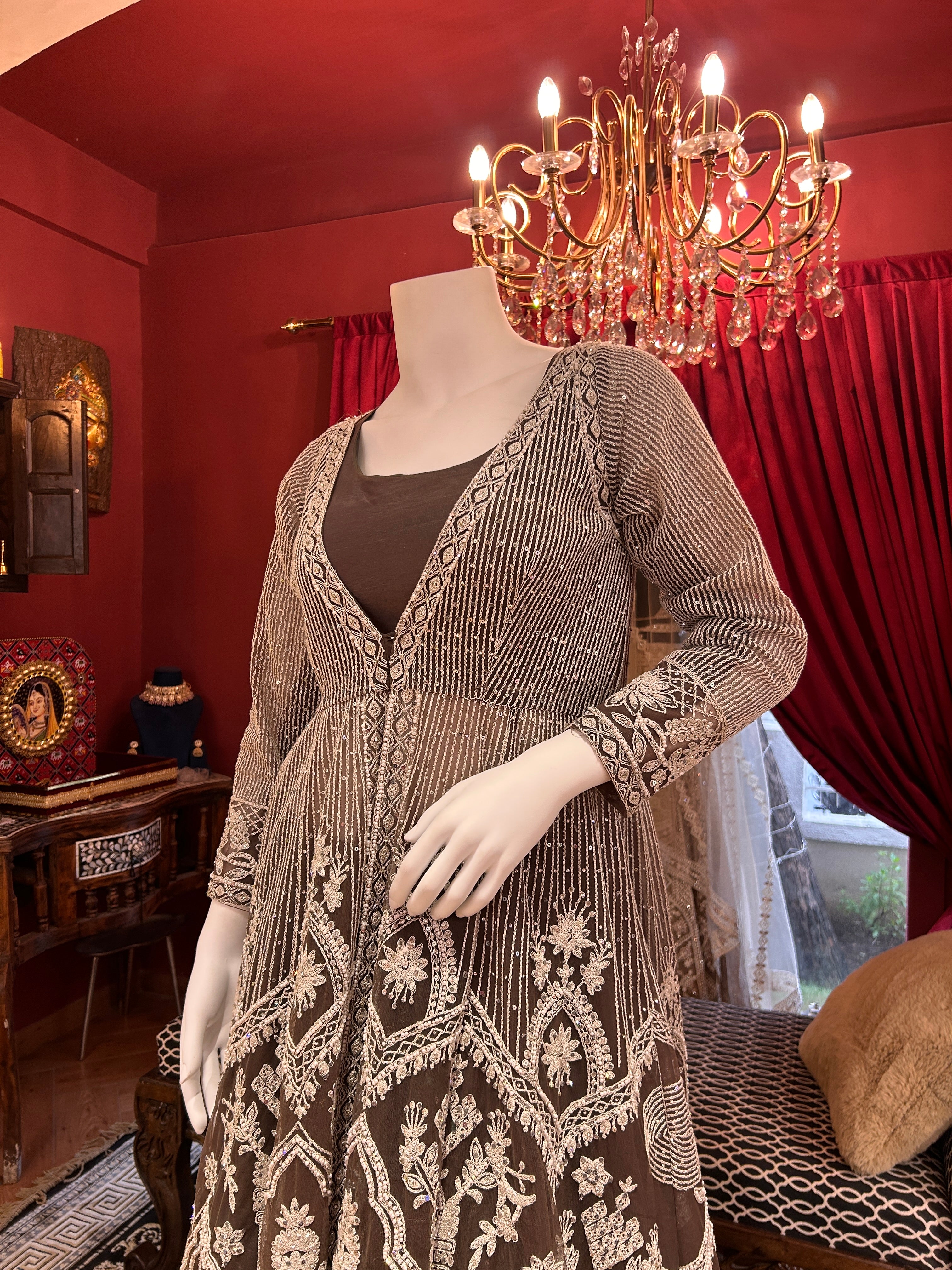 Embellished Silk & Net Pearl Jacket Set