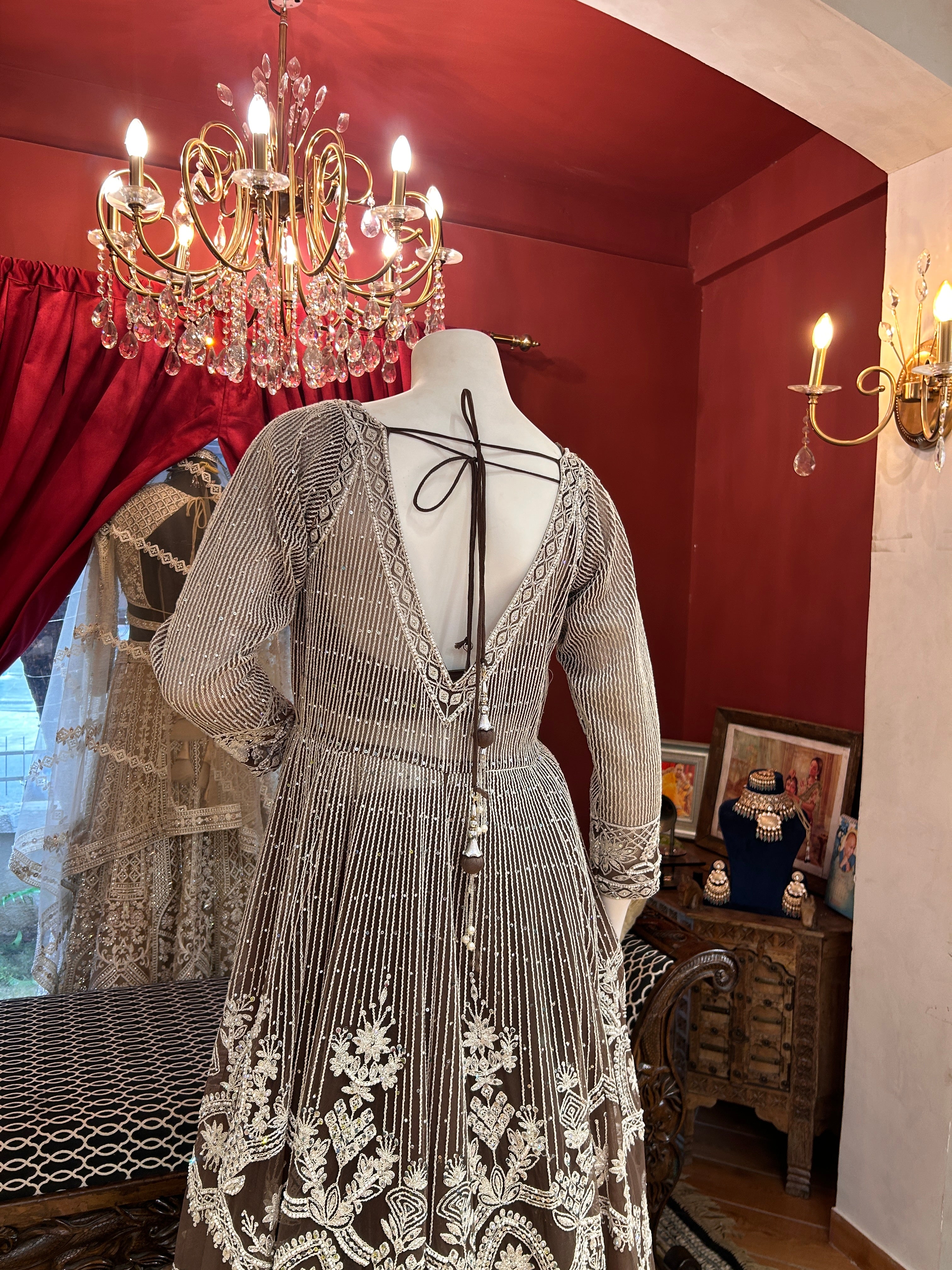 Embellished Silk & Net Pearl Jacket Set