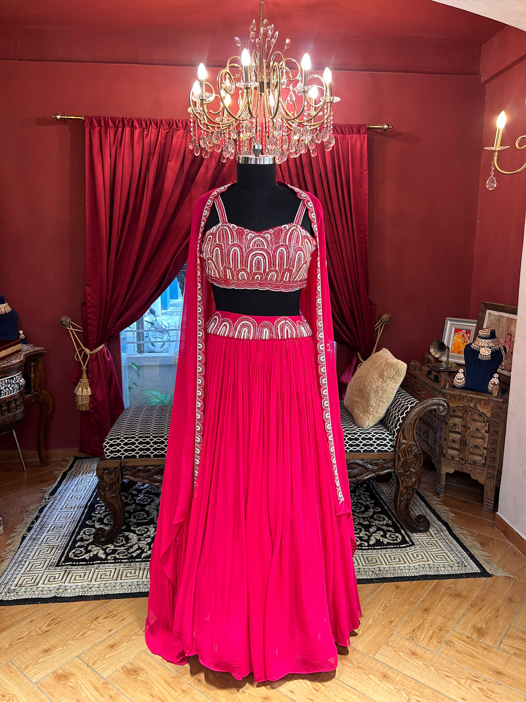 Hot Pink Georgette Lehenga With Shrug