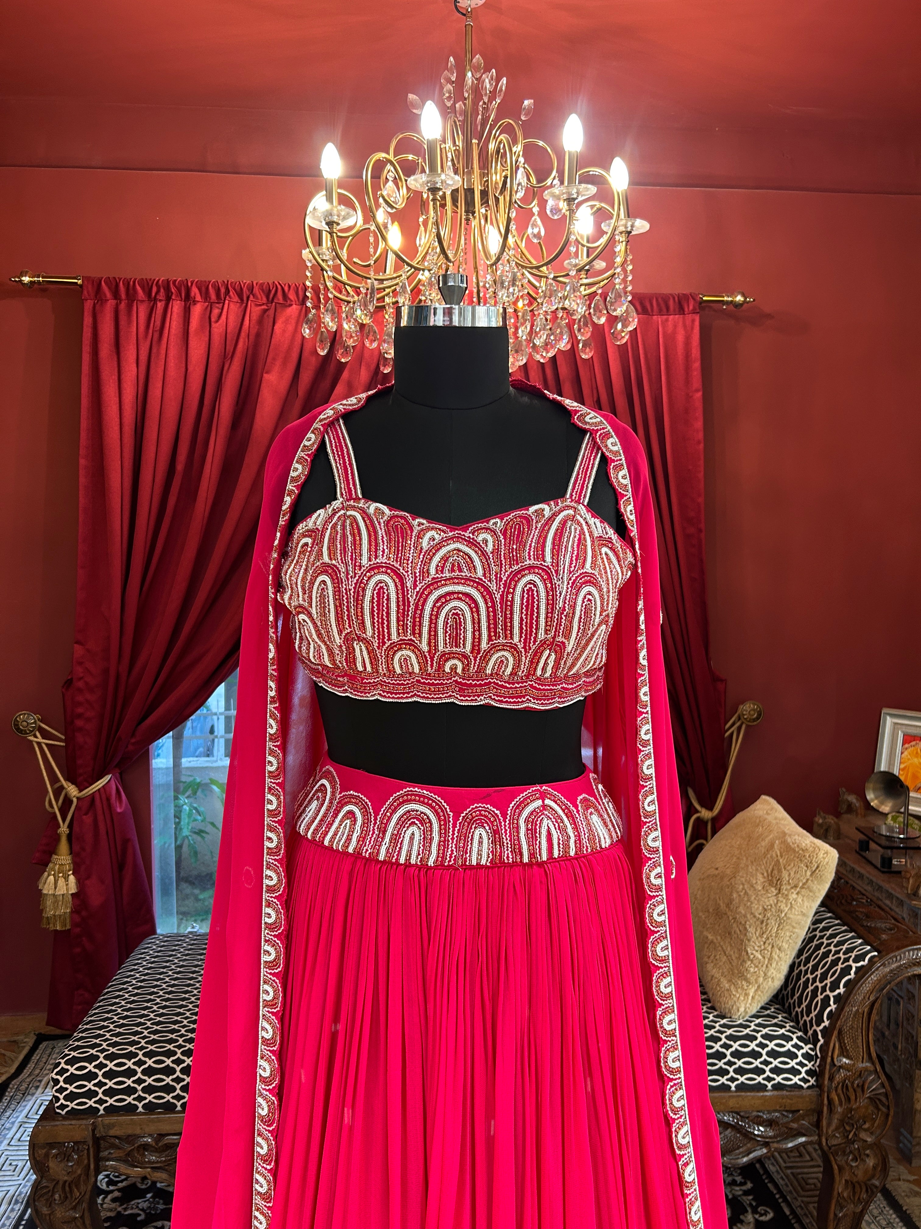 Hot Pink Georgette Lehenga With Shrug