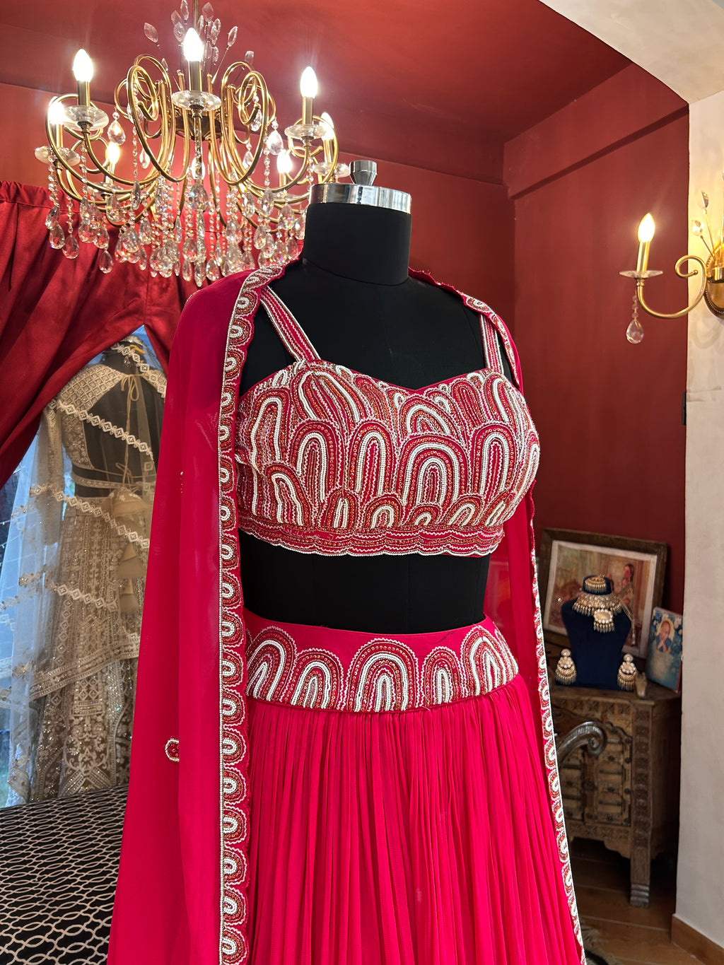 Hot Pink Georgette Lehenga With Shrug
