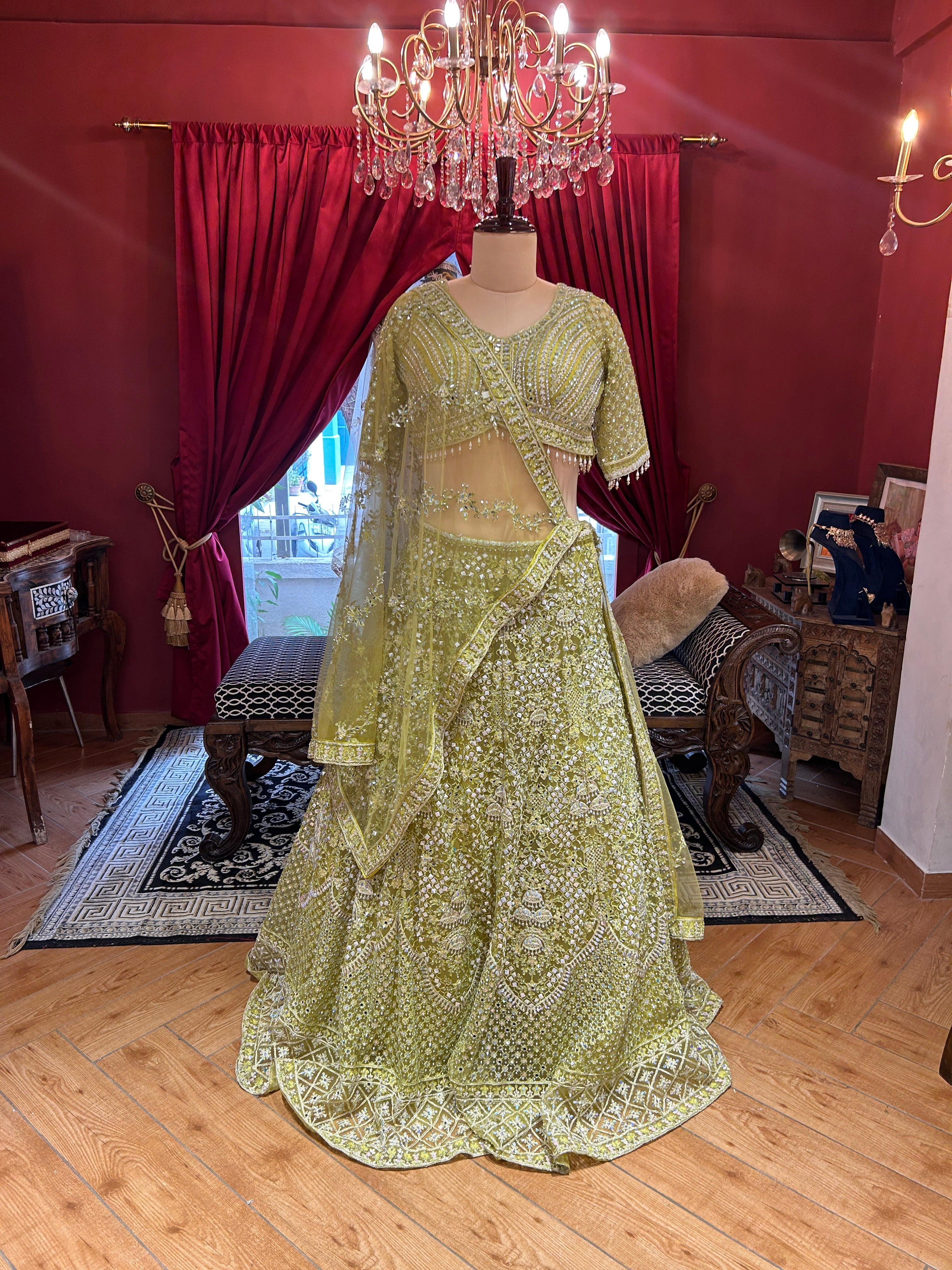 Lemon Green Mirror Work Lehenga