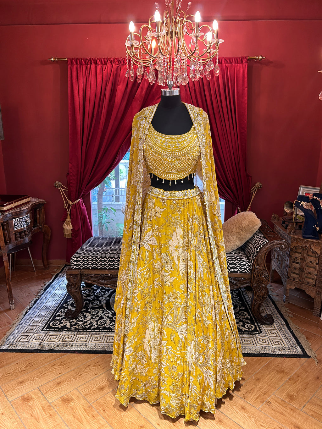 Yellow Printed shrug with Pearl embroidered shrug style lahenga