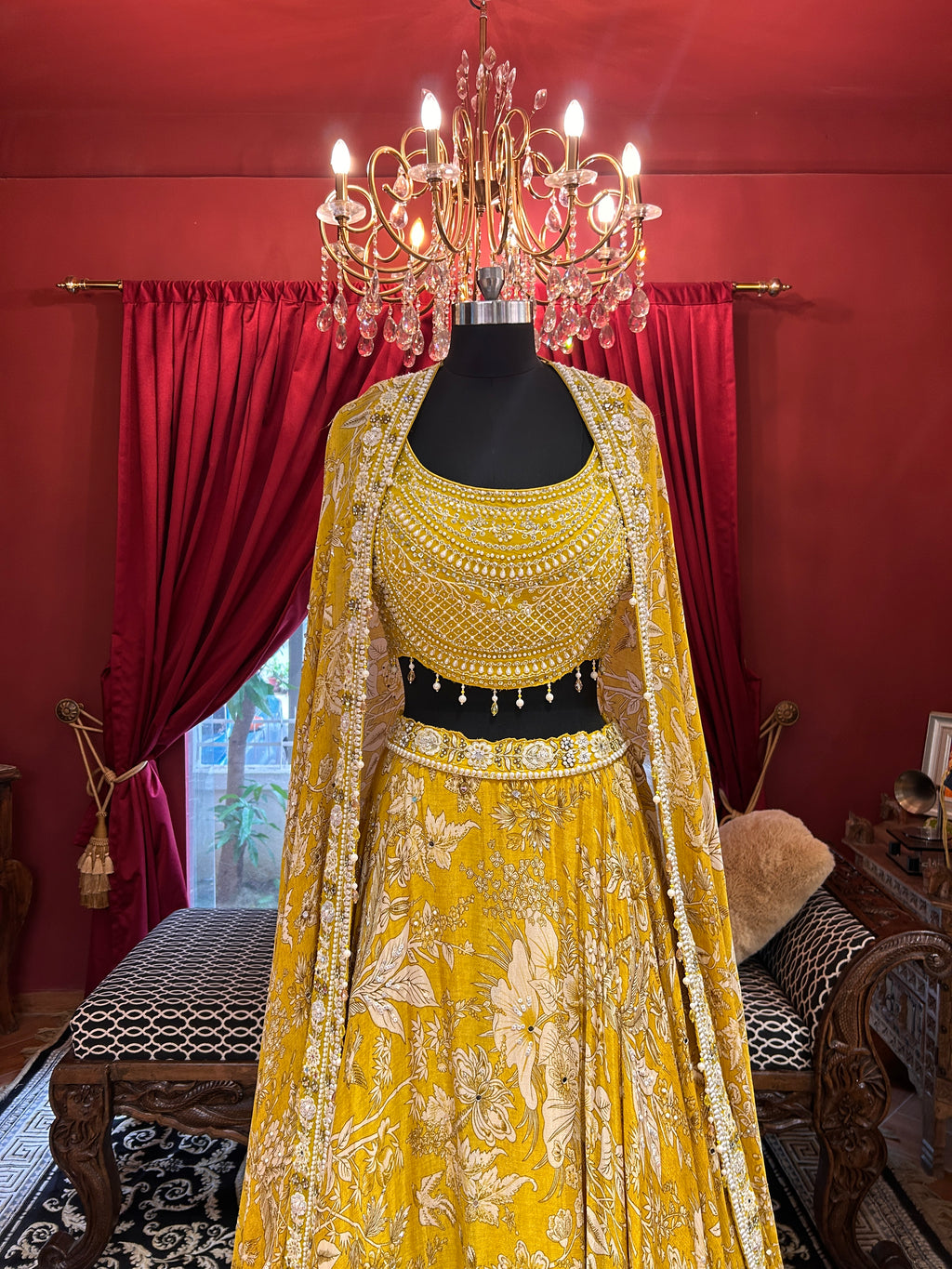 Yellow Printed shrug with Pearl embroidered shrug style lahenga